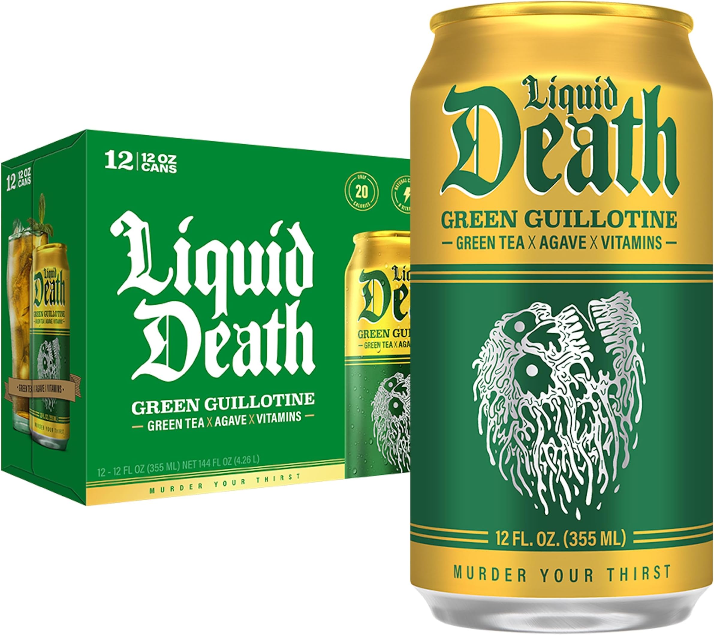 Iced Tea - Green Guillotine (Green Tea), Less Sugar*, Boost of Caffeine, B Vitamins, No Artificial Sweeteners, 12 Fl Oz (Pack of 12)