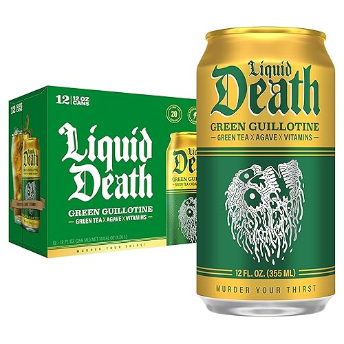Liquid Death, Green Guillotine - Té verde helado, bajo en calorías, sin edulcorantes artificiales, con vitaminas B12 y B6, paquete de 12 unidades