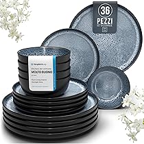 Servizio Piatti Ibiza in Grès per 12 Persone, 36 Pezzi Set Piatti Moderni Compatibile con Lavastoviglie e Microonde – blu fumo – Set da Tavola e Cucina di Pure Living