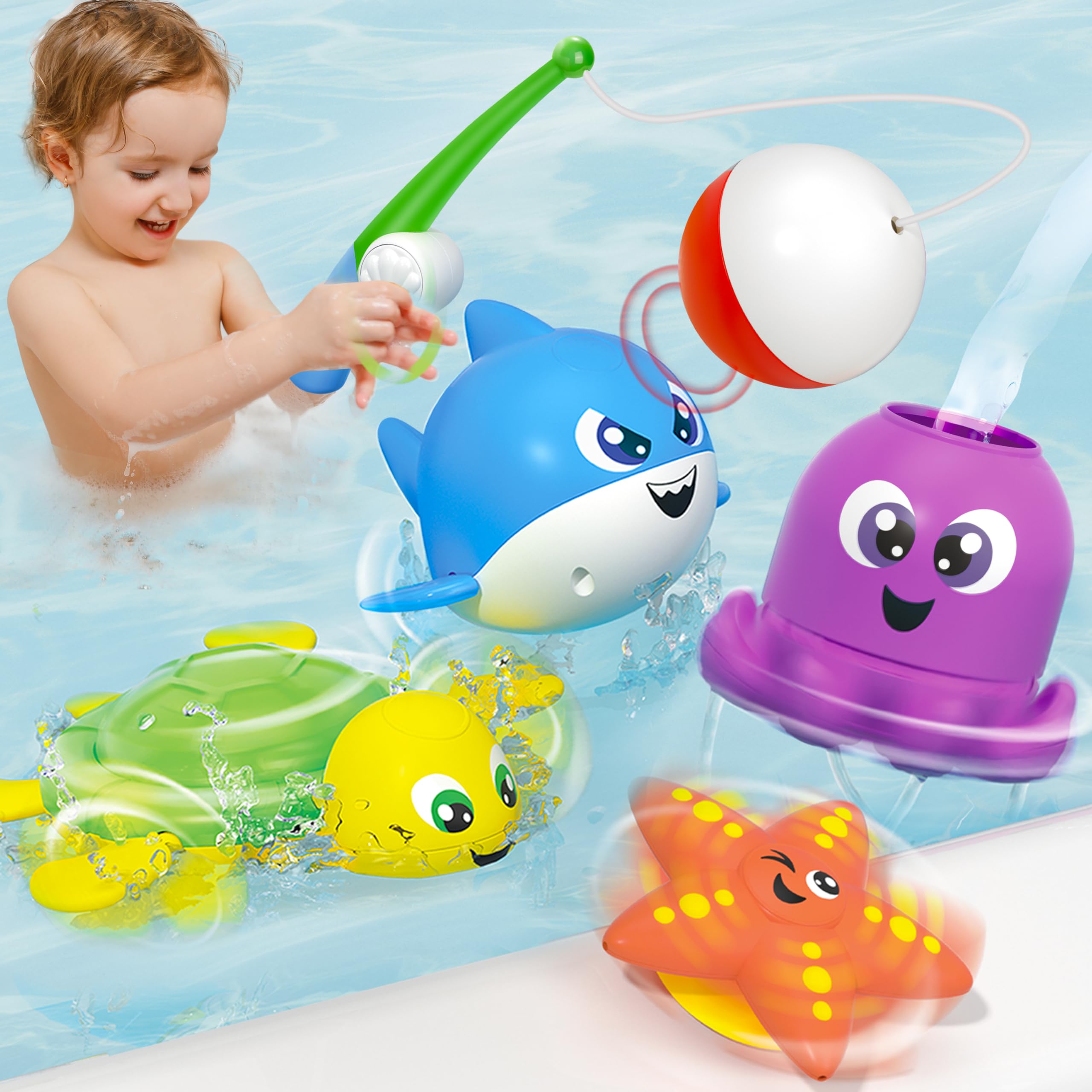 JOYIN Bath Fishing Toy Set for Toddlers - Magnetic Toy with Fishing Rod, Spinning Octopus and Starfish, Wind-up Shark and ...
