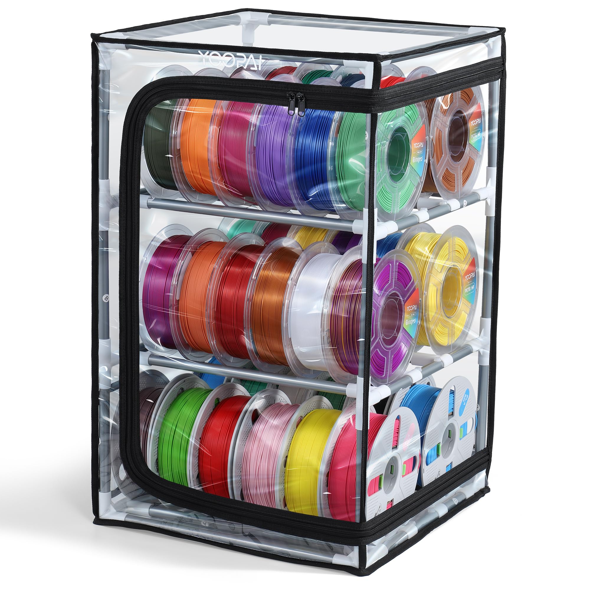 YOOPAI Filament Aufbewahrungsbox, 3-stöckiges Metall Regal mit transparenter Abdeckung & Trockenmittel – Für 30 Rollen (PLA, ABS, PETG, TPU), luftdichtes Design, platzsparend für Werkstatt & Heim