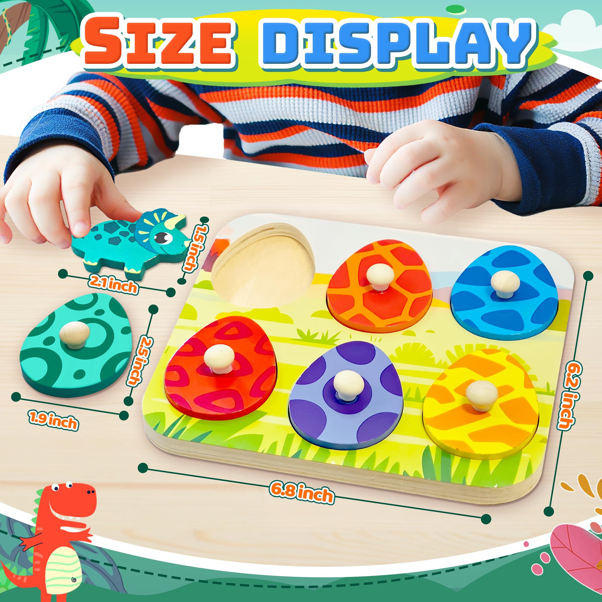 Dinosaur Wooden Puzzles for Toddler Baby 1 2 Year Old, Montessori Toy for Boy 1-3 Color Matching Egg Peg Puzzle for Toddlers Toys Age 2-4 Airplane Travel Learning Activities Fine Motor Birthday Gifts