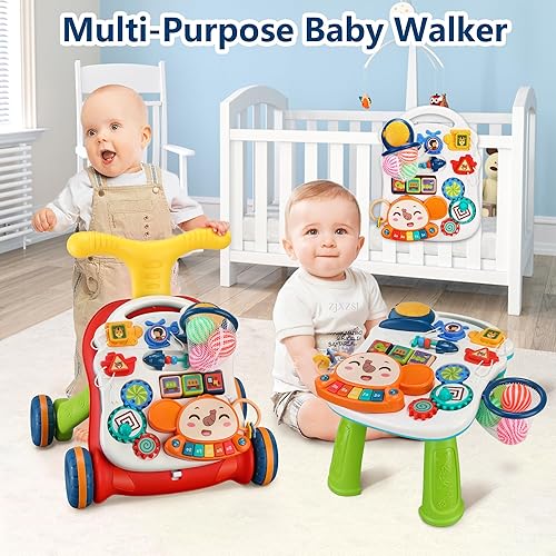 Miniatura 2 de HAWEEK Andador de empuje para bebé, 3 en 1, caminante de aprendizaje sentado a pie con ruedas, centro de actividades educativas múltiples, juguete