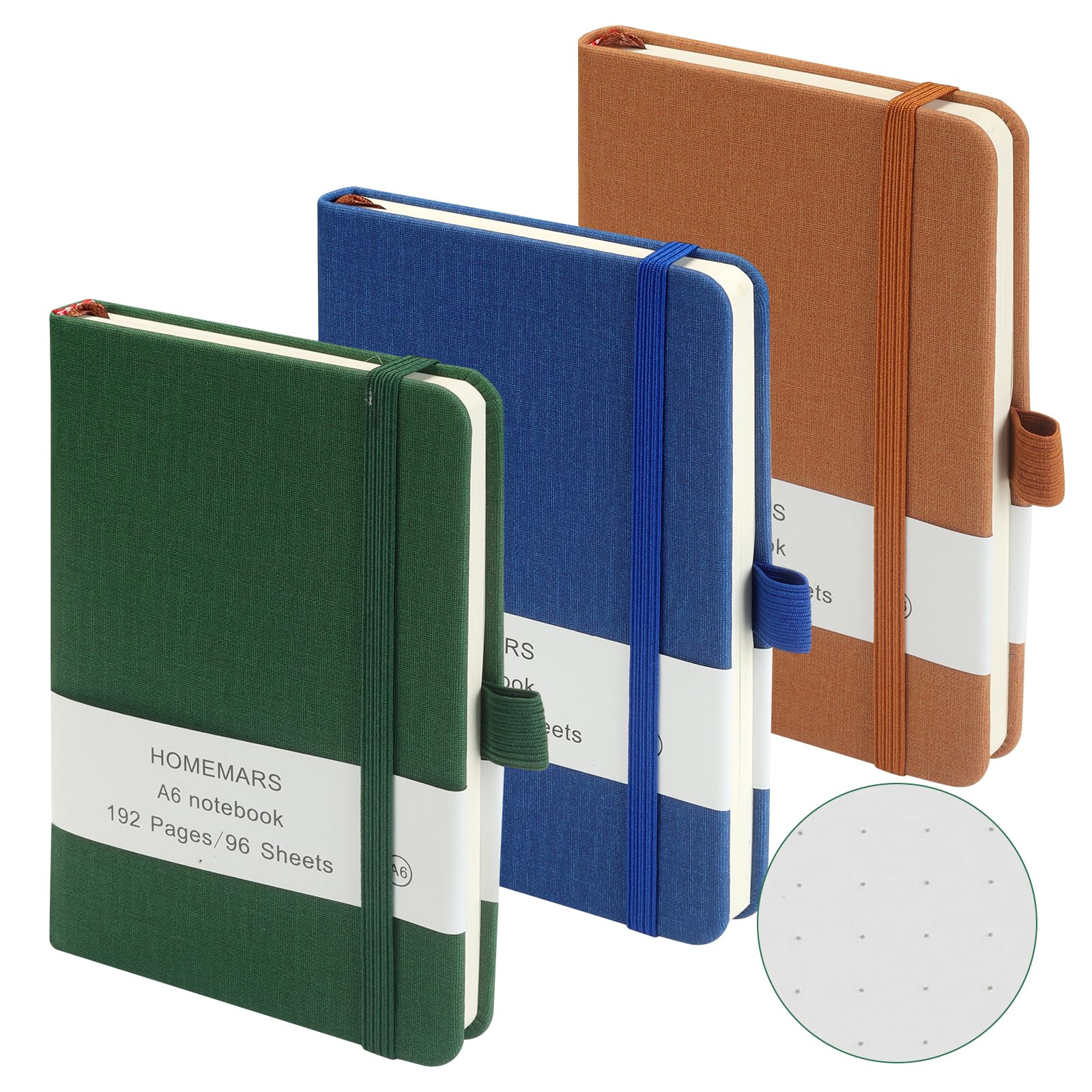 HOMEMARS Notatniki A6, Zielony Niebieski Brązowy, Notebook, Notatnik z kropkami Bullet Journal, mały notatnik 14,4 cm x 9,6 cm, notatnik kieszonkowy, dziennik podróżny, opakowanie 3 szt