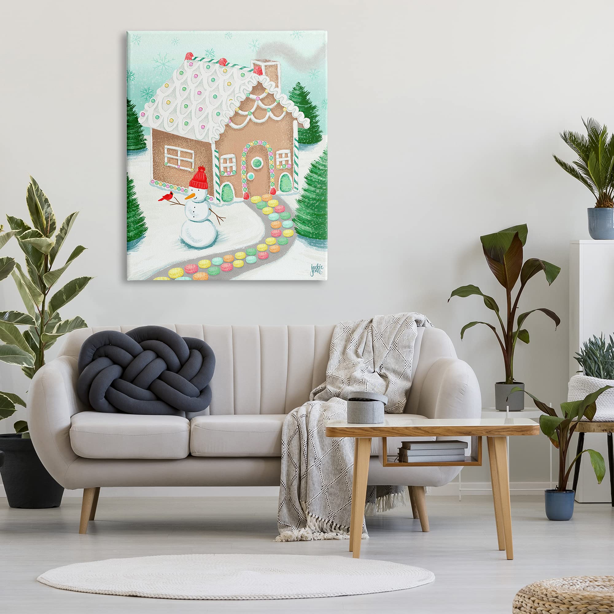 Stupell Industries Playful Gingerbread House Christmas Landscape Happy Snowman, Designed by Jackie Quigley Canvas Wall Art, 36 x 48, Blue