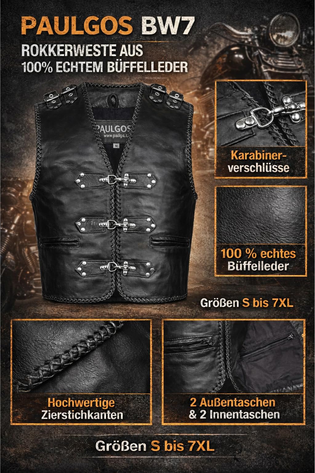 PAULGOS Lederweste Weste Kutte Leder Biker Rocker Motorrad Clubweste Bikerweste Motorradweste Schwarz BW7
