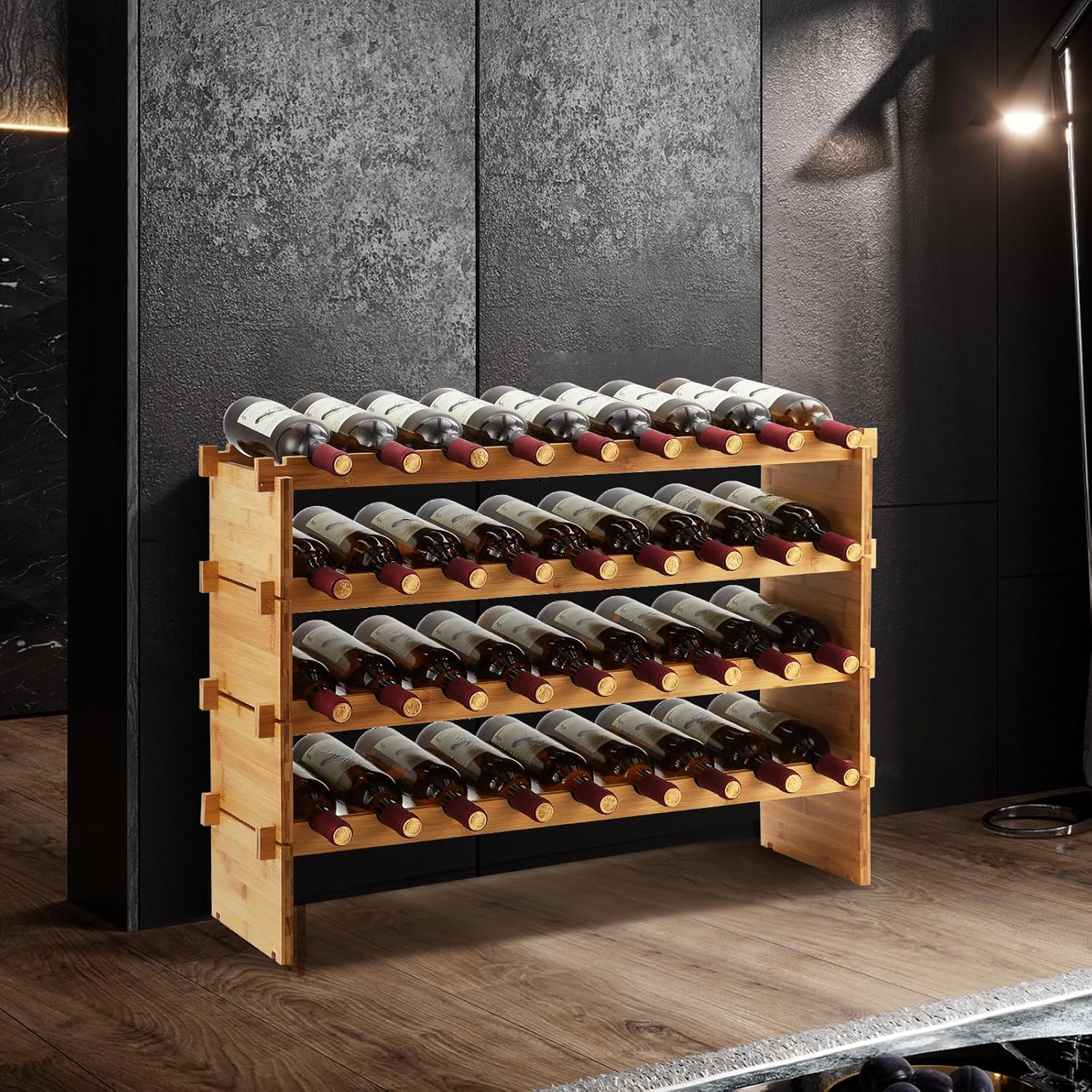 Wine Rack Bamboo Stackable, Bottle Holder Wine Racks Free Standing Storage Display Shelf for Kitchen Cellar Dining Room, Free Tools Assembly