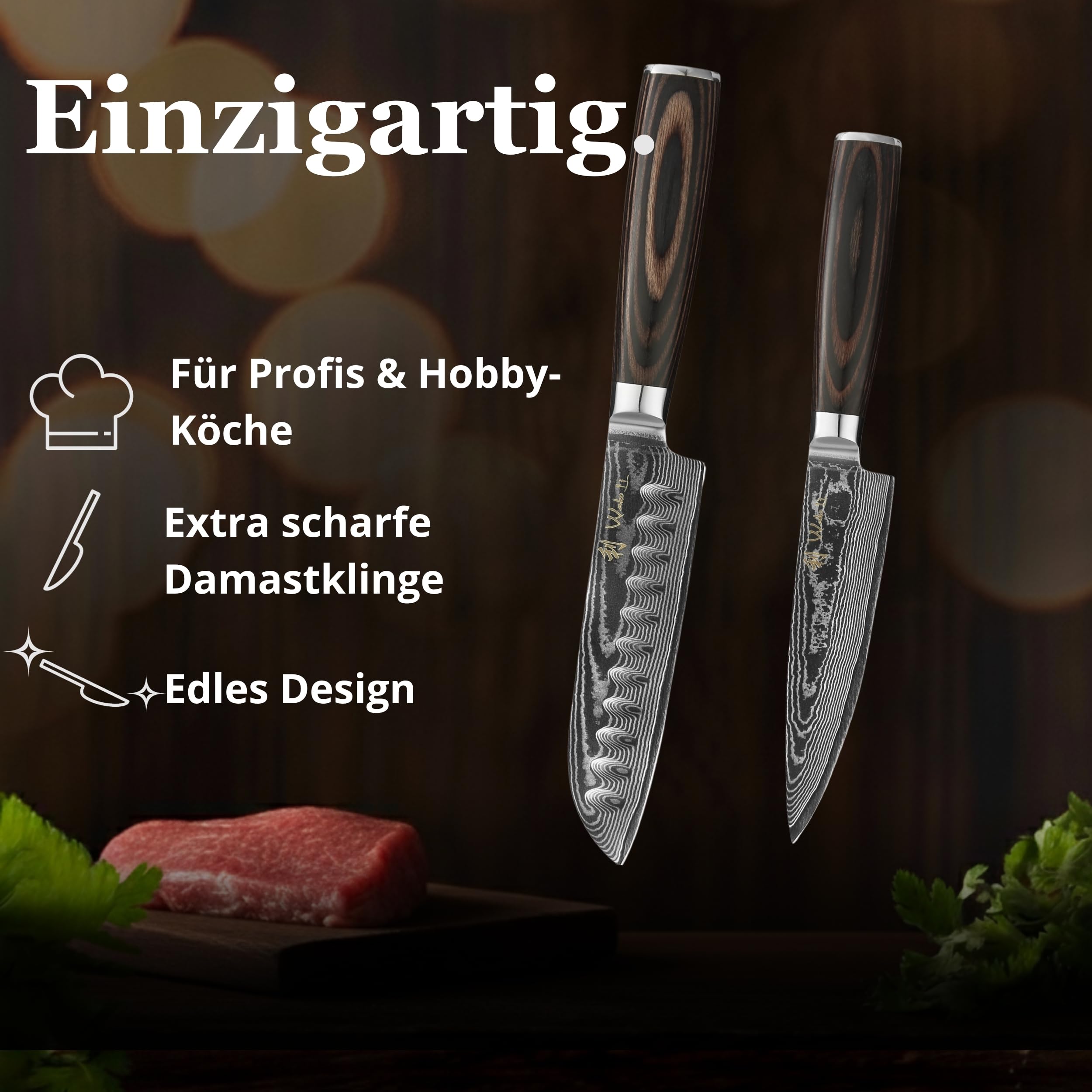 Wakoli EDIB Essentials 2-teiliges Messerset, Chefmesser, Santoku, VG10 Kern | 67 Lagen Damaststahl, kompakte 12 und 13 cm Klingen, Pakkaholzgriffe, Geschenkbox und Fingerschutz für feine Schneidarbeiten.