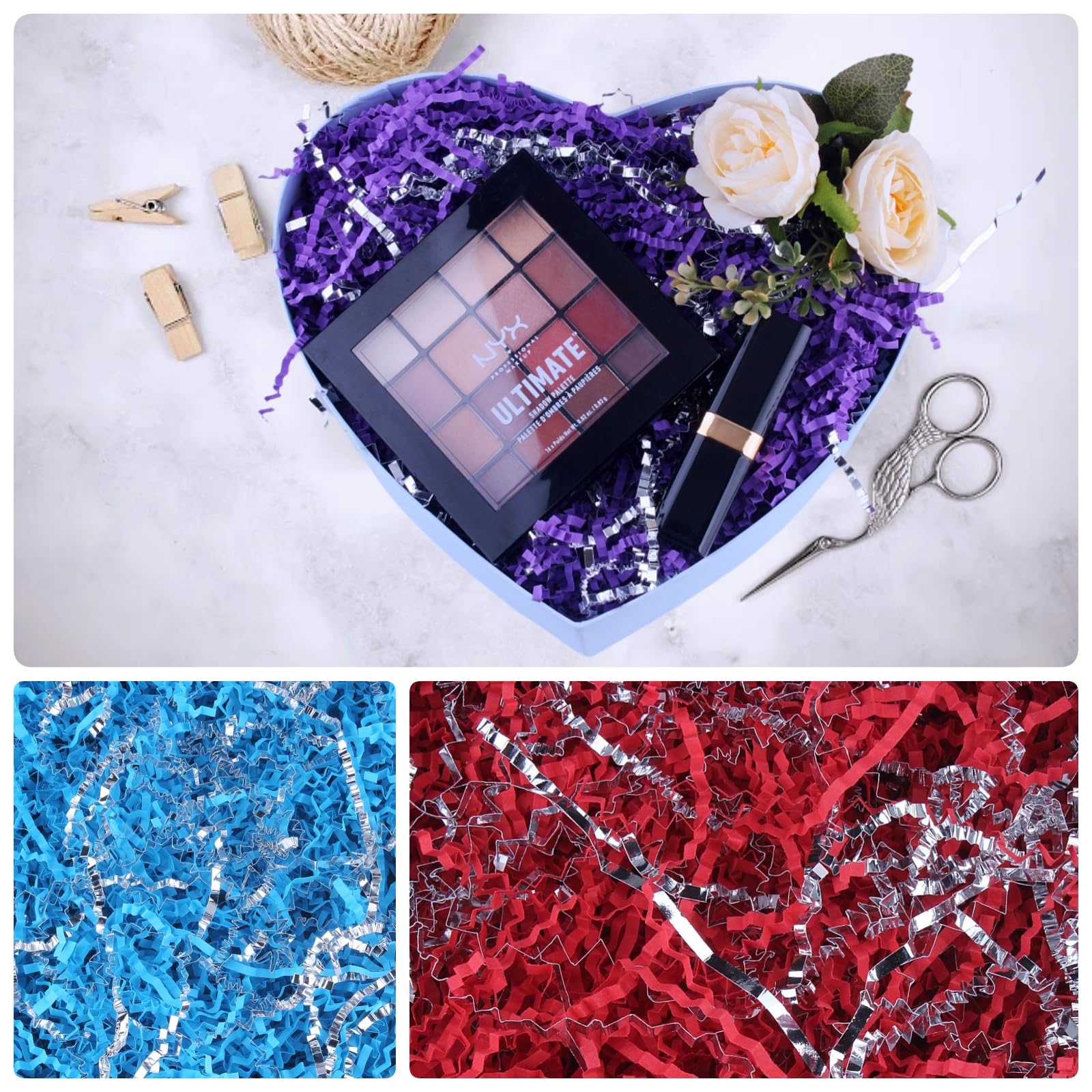 TANMWZK Papier Déchiqueté Froissé De 0,5 Kg Pour Emballage Cadeau Et Remplissage De Panier Cadeau Pour Noël, Halloween Et Décorations De Mariage, Panier De Pâques, Activités Artisanales (bleu Roi Et