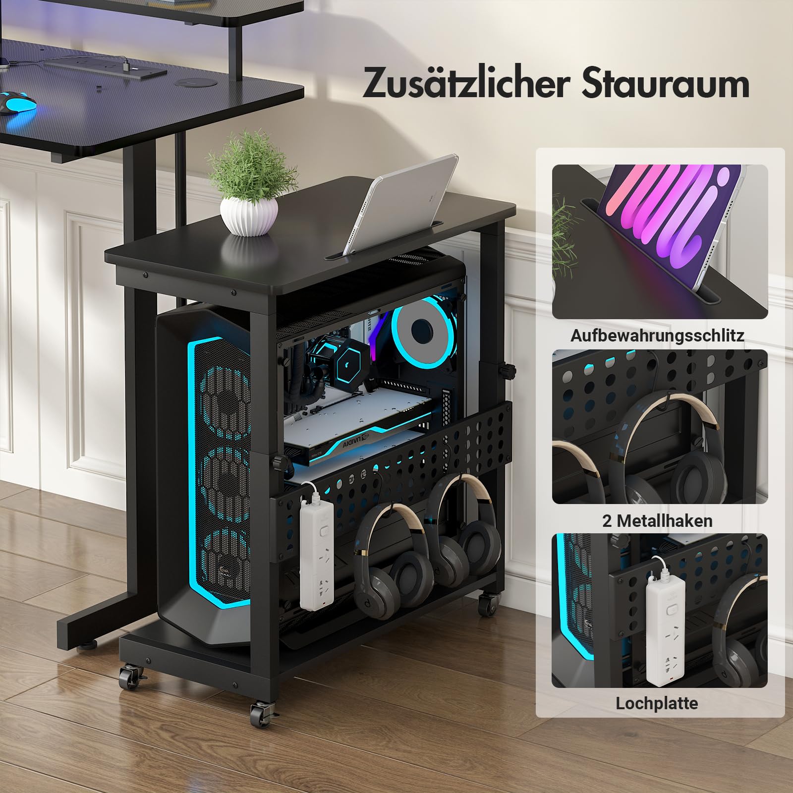 Höhenverstellbarer Computer Tower Ständer, PC Ständer mit Rollen & Schlitz & Haken, 2 Schicht Computer Stand, PC Rollwagen, Druckerständer, CPU Stand für Heimbüro, Schreibtisch, Computertisch, Schwarz