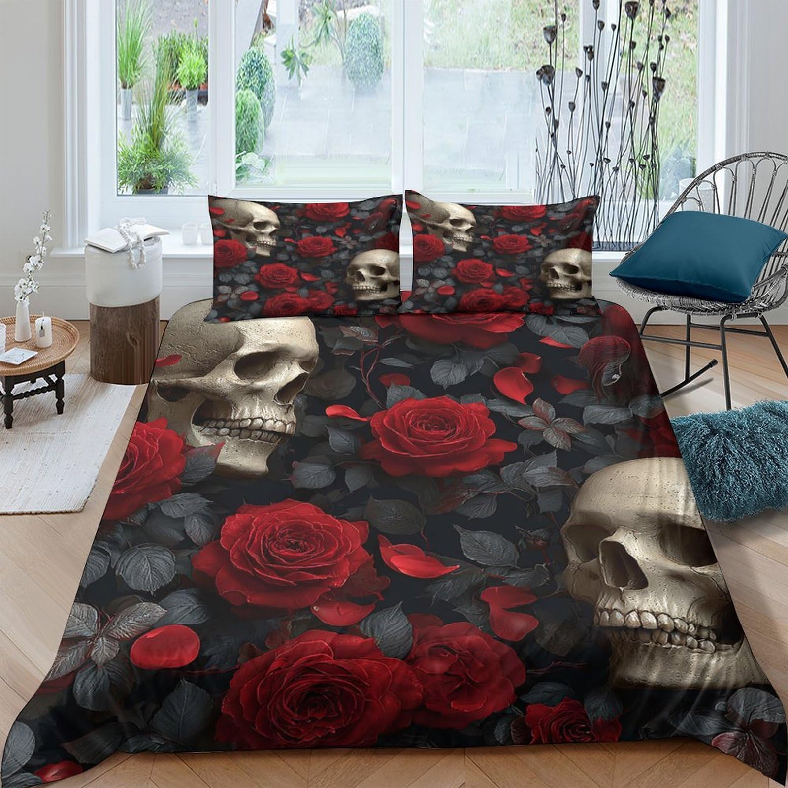 Rose skulls Ensemble De Literie Résistante Microfibre résistante 3 Pièces 3D Effet Gothic floral design Linge de Lit avec Taie d'oreiller Hypoallergique for Chambre de garçons King（220x240cm）
