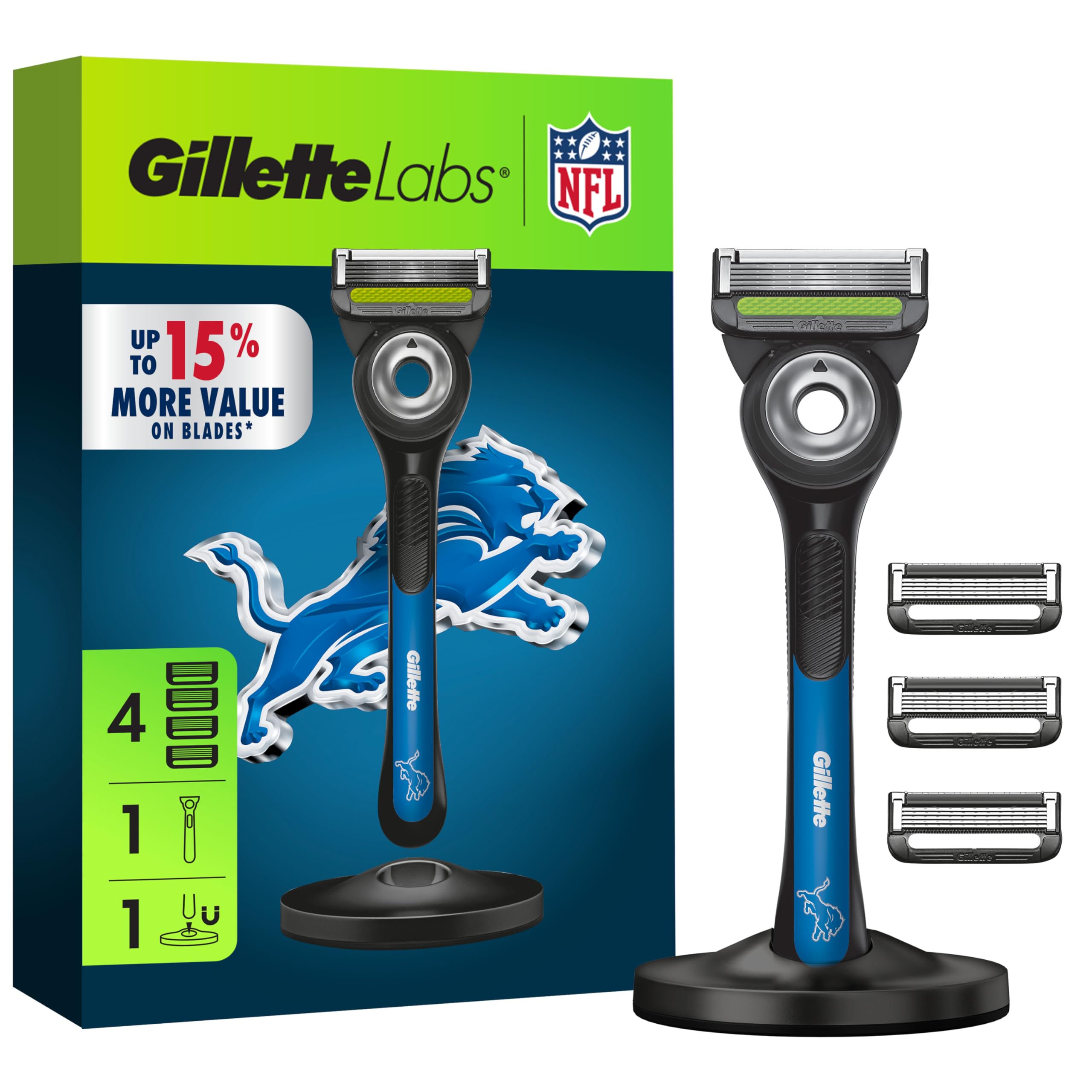 Gillette Labs Special NFL Lions Edition Shaving Razor for Men - 1 Handle, 4 Razor Blade Refills & Magnetic Stand, Perfect for Game Day Grooming, GilletteLabs with Exfoliating Bar Lions Razor + 4 Refills