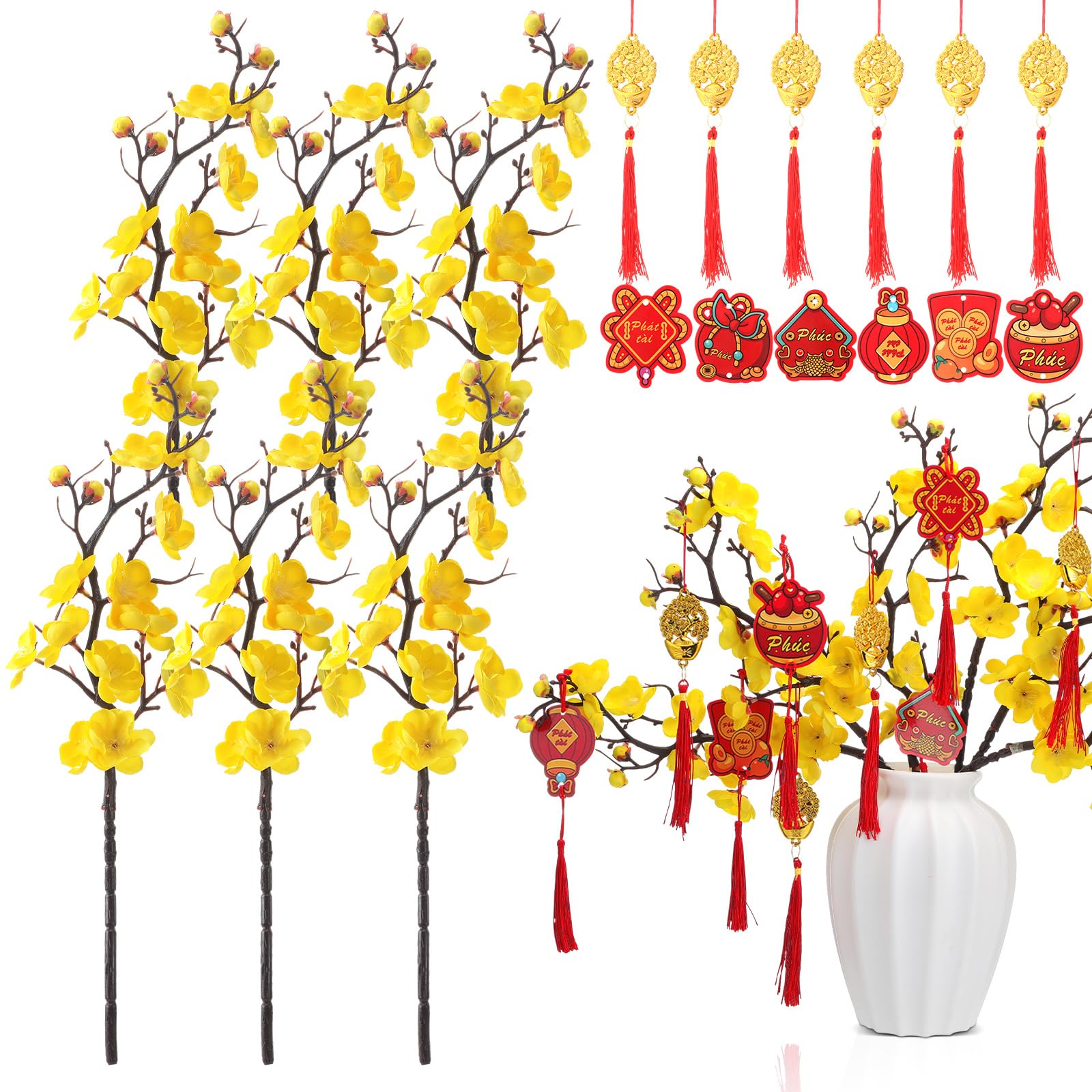 18 Pcs Vietnamese New Year Decoration Set 2026, 6 Artificial HOA Mai Ochna Integerrima Flower 12 Vietnamese Knot Pendant Hanging Ornament Yellow Apricot Flower for TET Home Office Decor Gifts