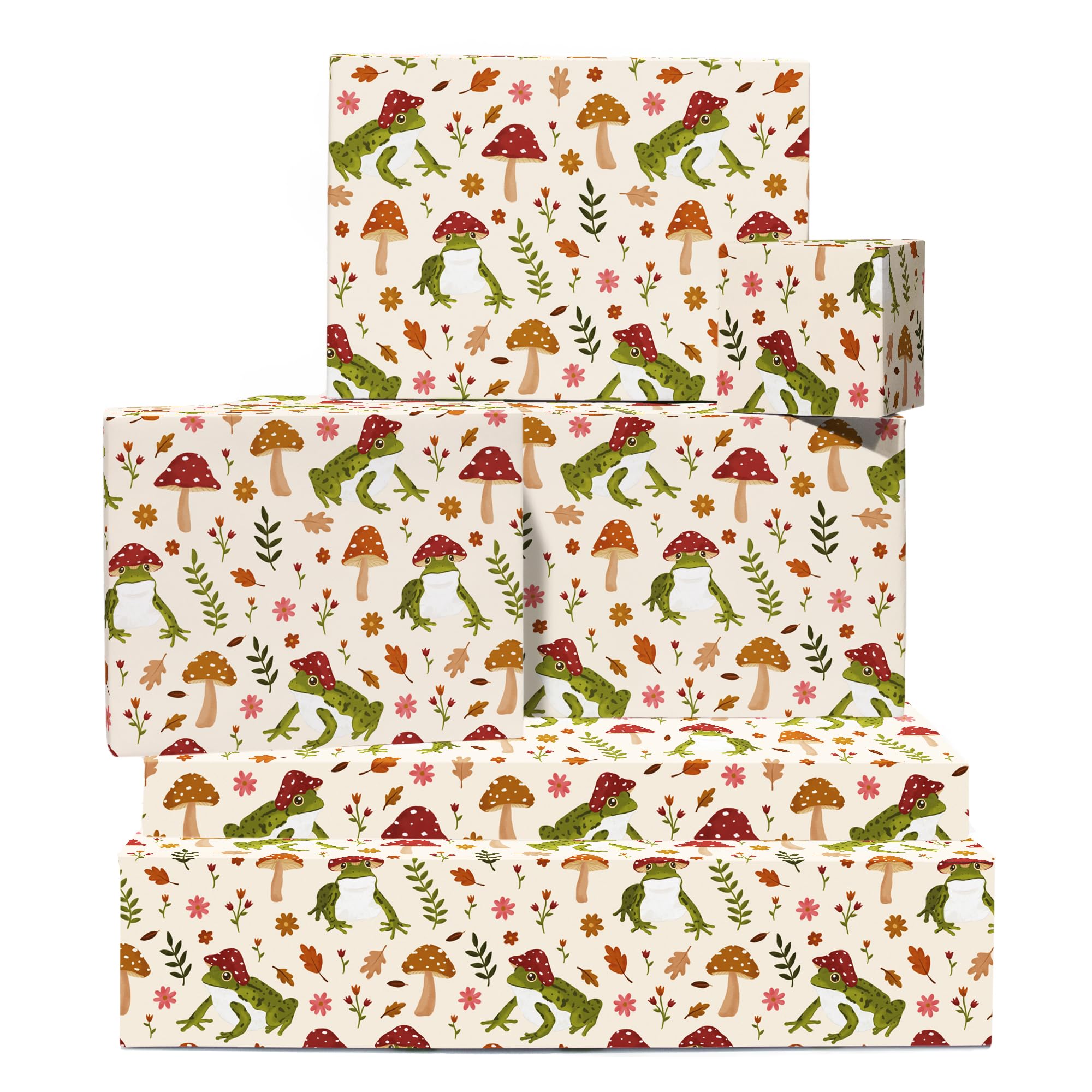 Fun Cute Wrapping Paper - Frogs, Mushrooms, Fun - 6 Sheets of Giftwrap for All Ages Family Friends - All Occasion Birthday - Comes With Stickers by Central 23