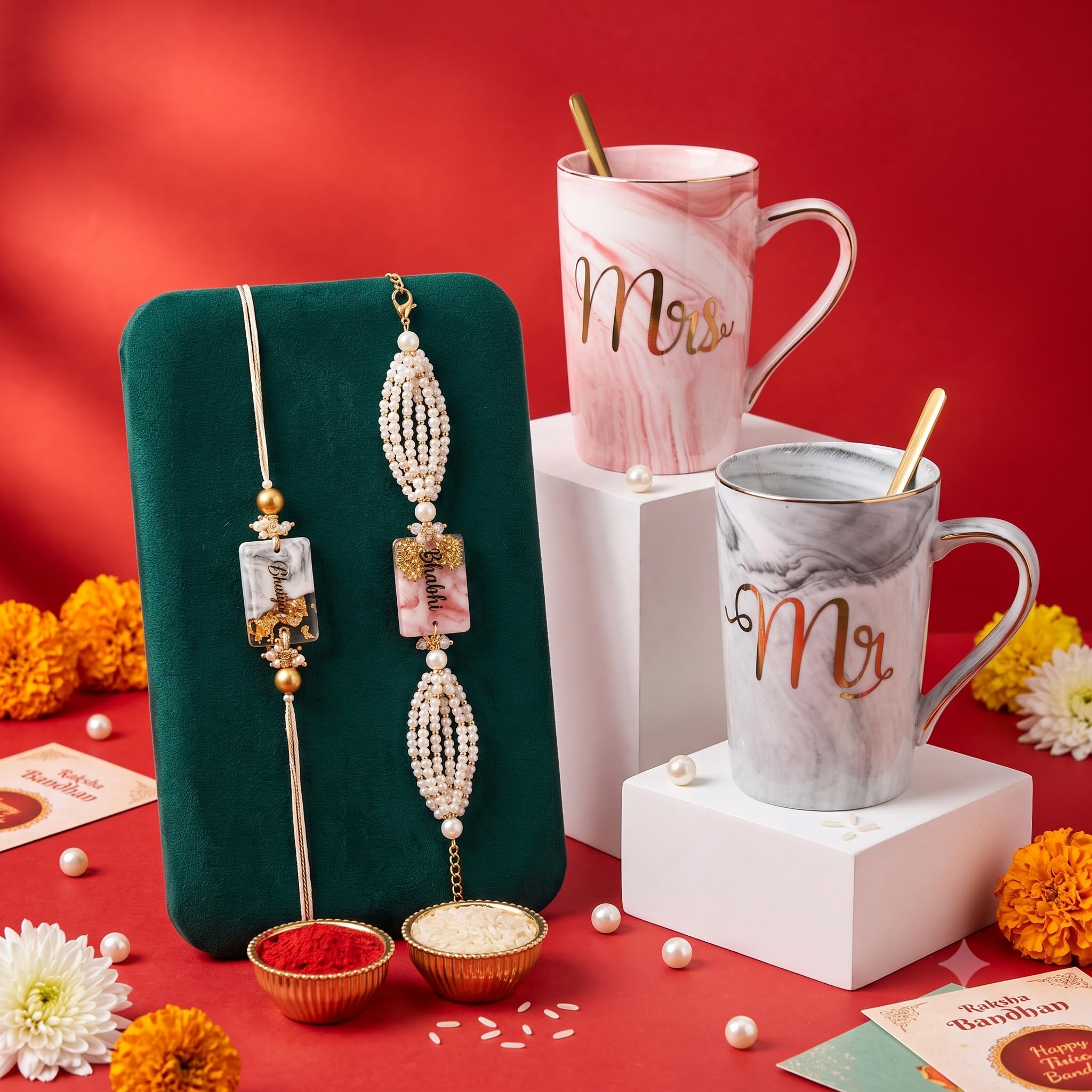 NYRWANA Coffee Mug, Wedding Gift for Couples, for Brother and Bhabhi with Rakhi, Mr & Mrs Set of 2 Coffee Mugs, Lids, Golden Spoon & Beautiful Gift Box (380ml-Ceramic)