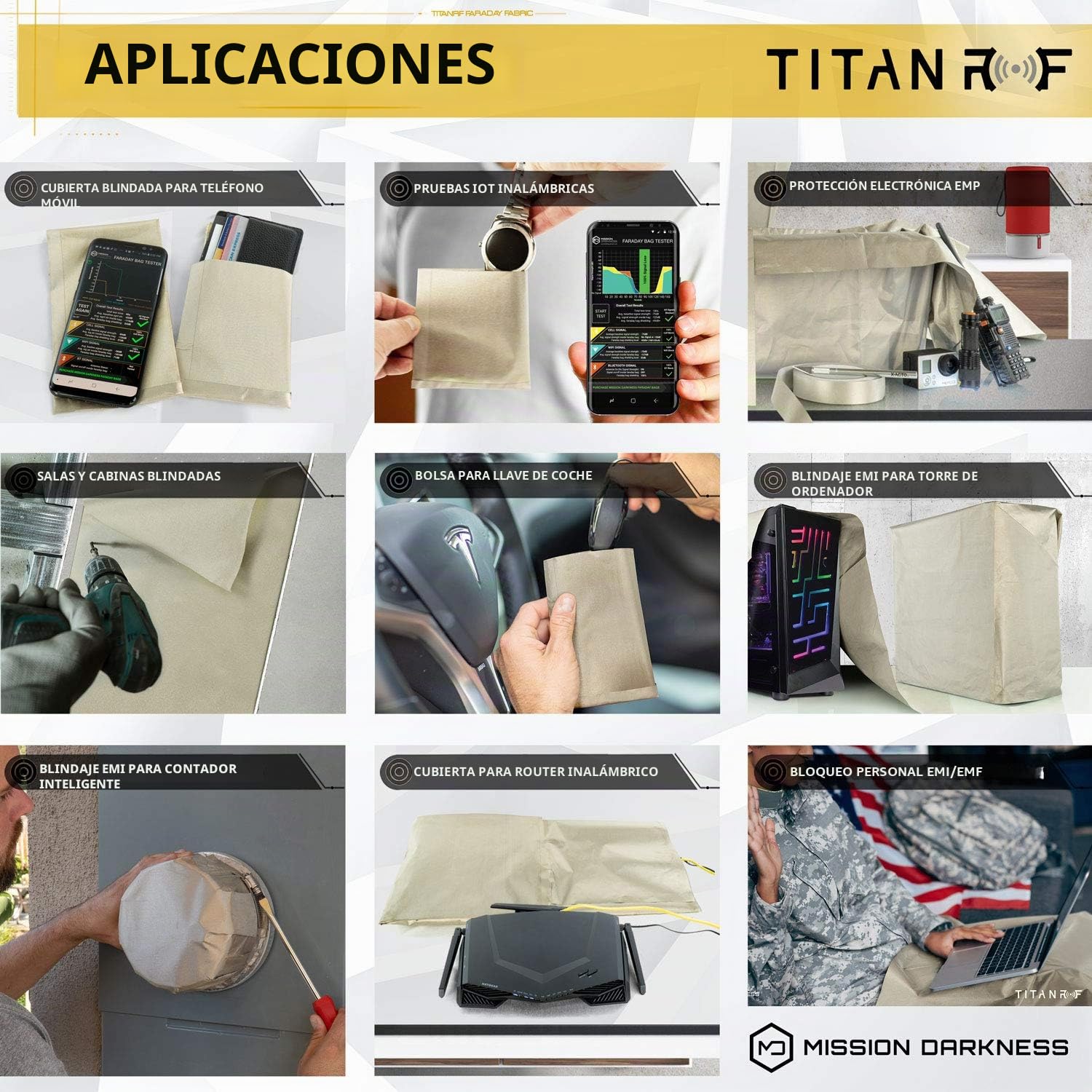 TitanRF Faraday Fabric 44" x 36" (.91m x 1.1m) + Extra 36" TitanRF Tape! Military Grade Certified Material Blocks RF Signals (WiFi, Cell, Bluetooth, RFID, EMF Radiation Shielding)