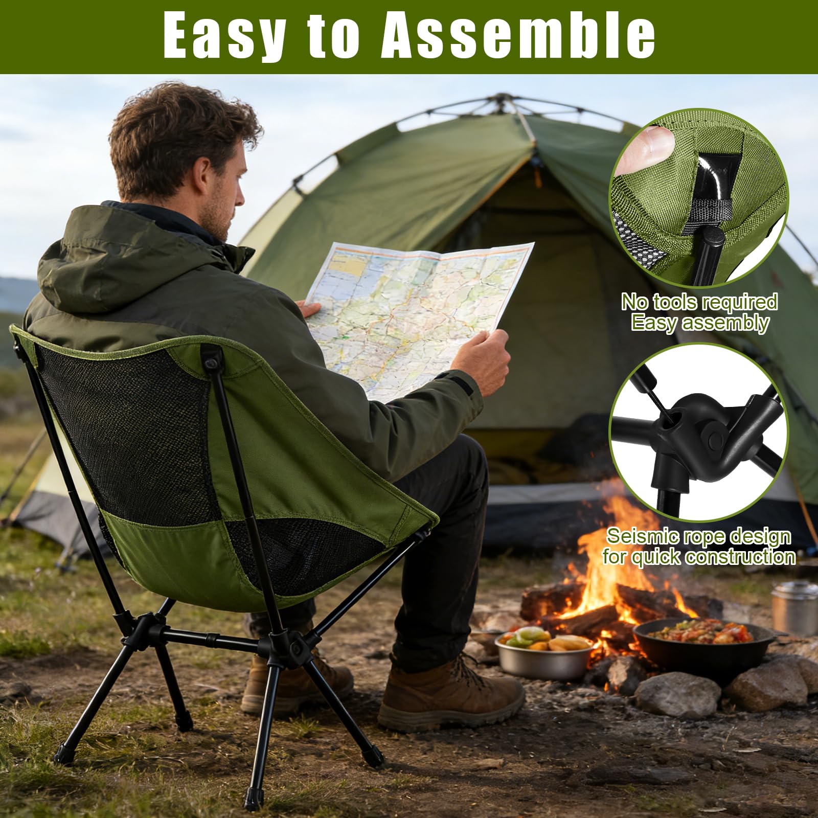 Sedia da Campeggio Pieghevole, Portatile Sedia Pieghevole Ultraleggera con Borsa da Trasporto, Sedie Campeggio per Esterni, Giardino, Spiaggia, Pesca, Picnic, Viaggio, Escursioni (Verde militare)
