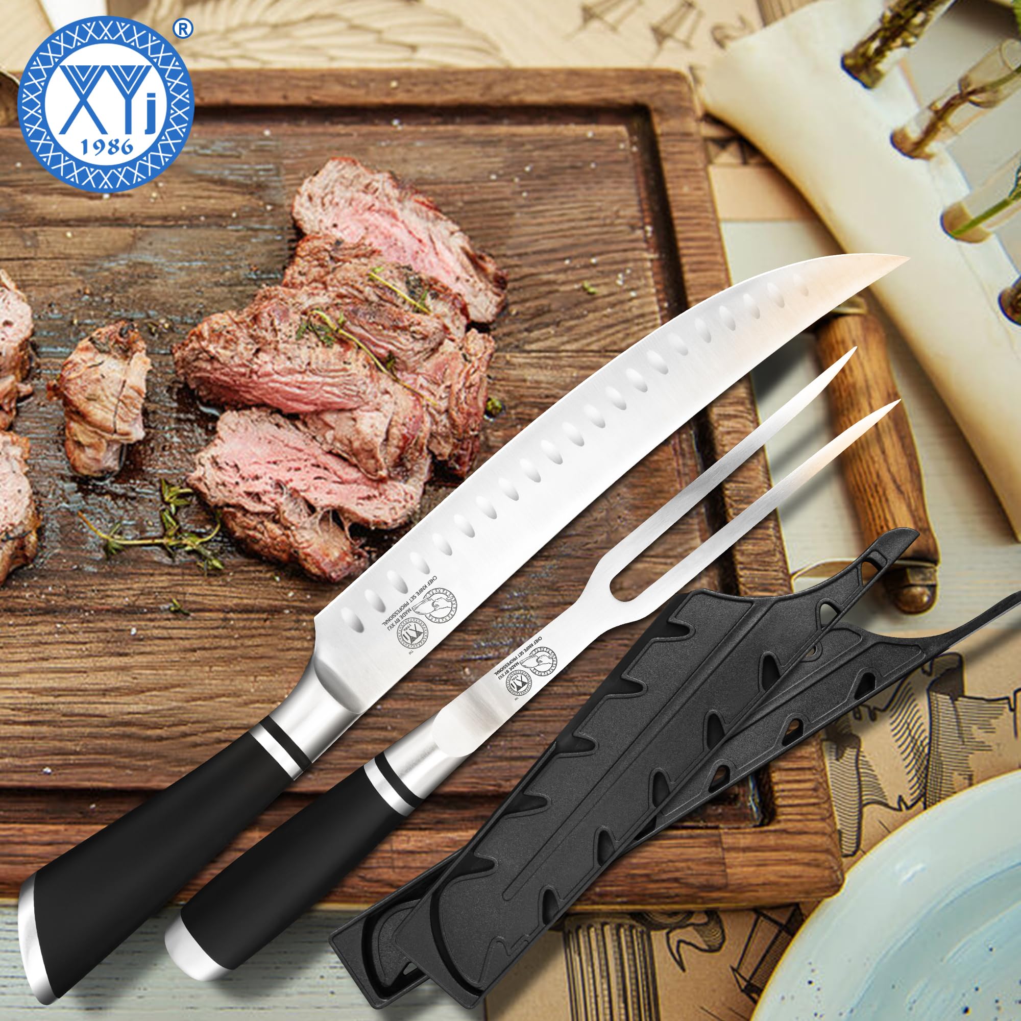 XYJ Authentic Since1986,Professional Carving Knife Set, 9.5 Inch Slicing Carving Knife and Meat Fork, Stainless Steel Kitchen Knife for Steak, Turkey, Ham, BBQ
