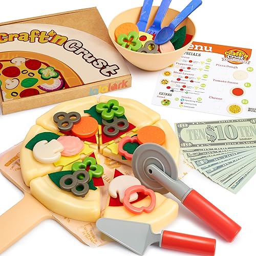 lalalark Play Food - Juguete de pizza con 18 coberturas - Cortar alimentos para niños - Craft 'n Crust - Check Out interactivo - Dinero de juego -