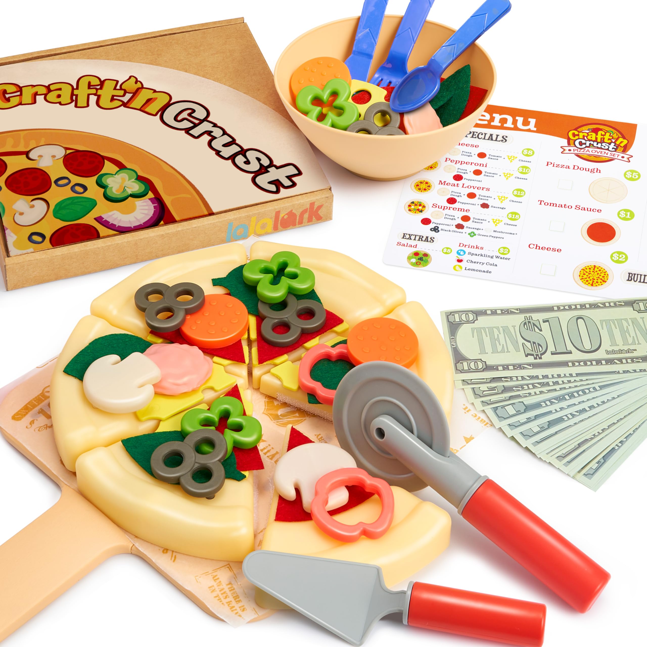 Play Food Toddler Toy - Pizza Toy with 18 Toppings - Pretend Cutting Food for Kids - Craft 'n Crust - Interactive Check Out - Play Money - Cooking Kitchen Accessories for Boys and Girls