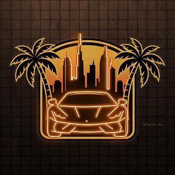 Dubai Supercar Neon Sign LED Light Sunset City Skyline & Palm Tree Wall Decor, Luxury Car Neon Sign for Bar, Man Cave, Game Room & Garage