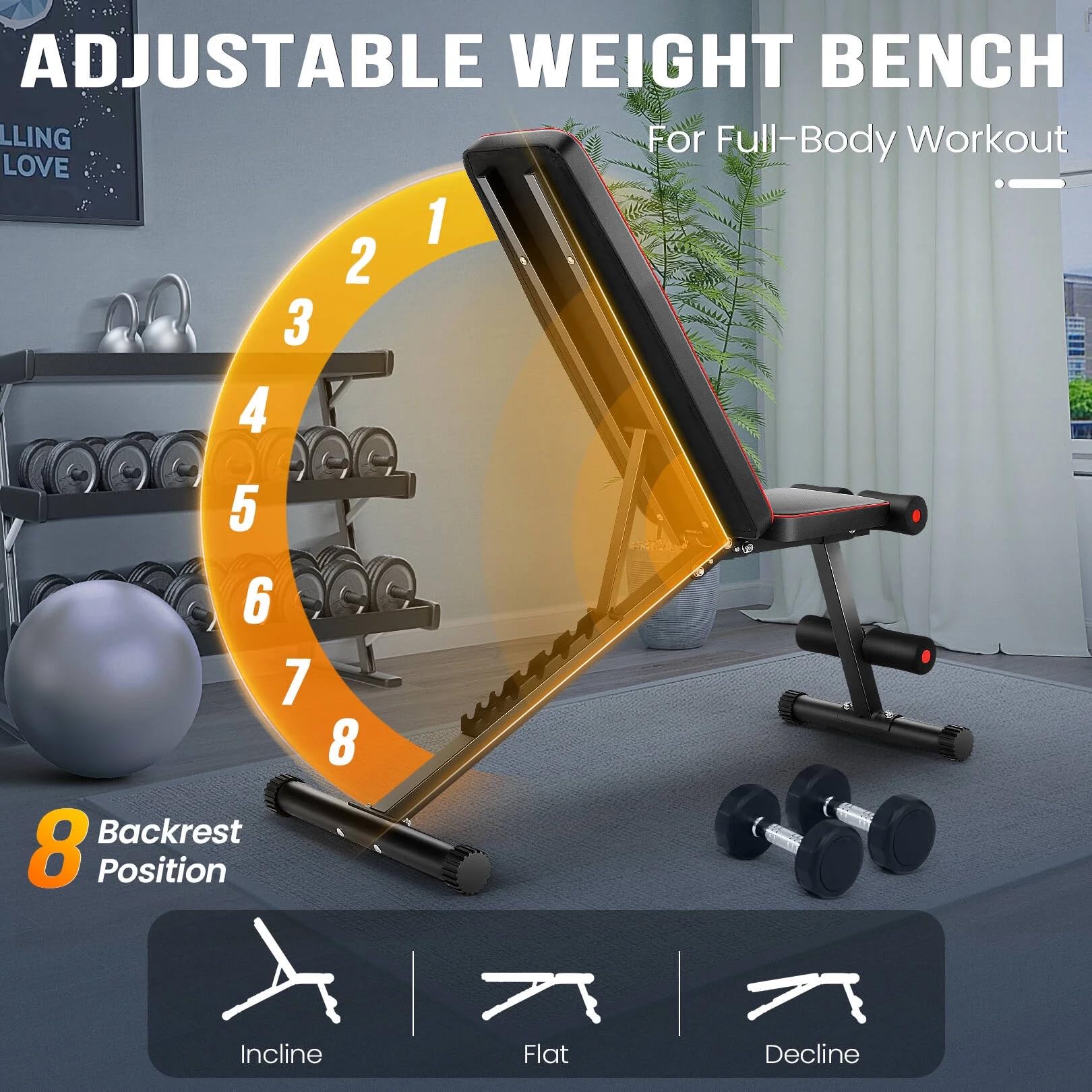 Adjustable Weight Bench Press, 660LBS Foldable Workout Bench for Home Gym Dumbbell Exercise Equipment Incline/Flat/Decline Sit-up Bench for Full Body Workout Strength Training