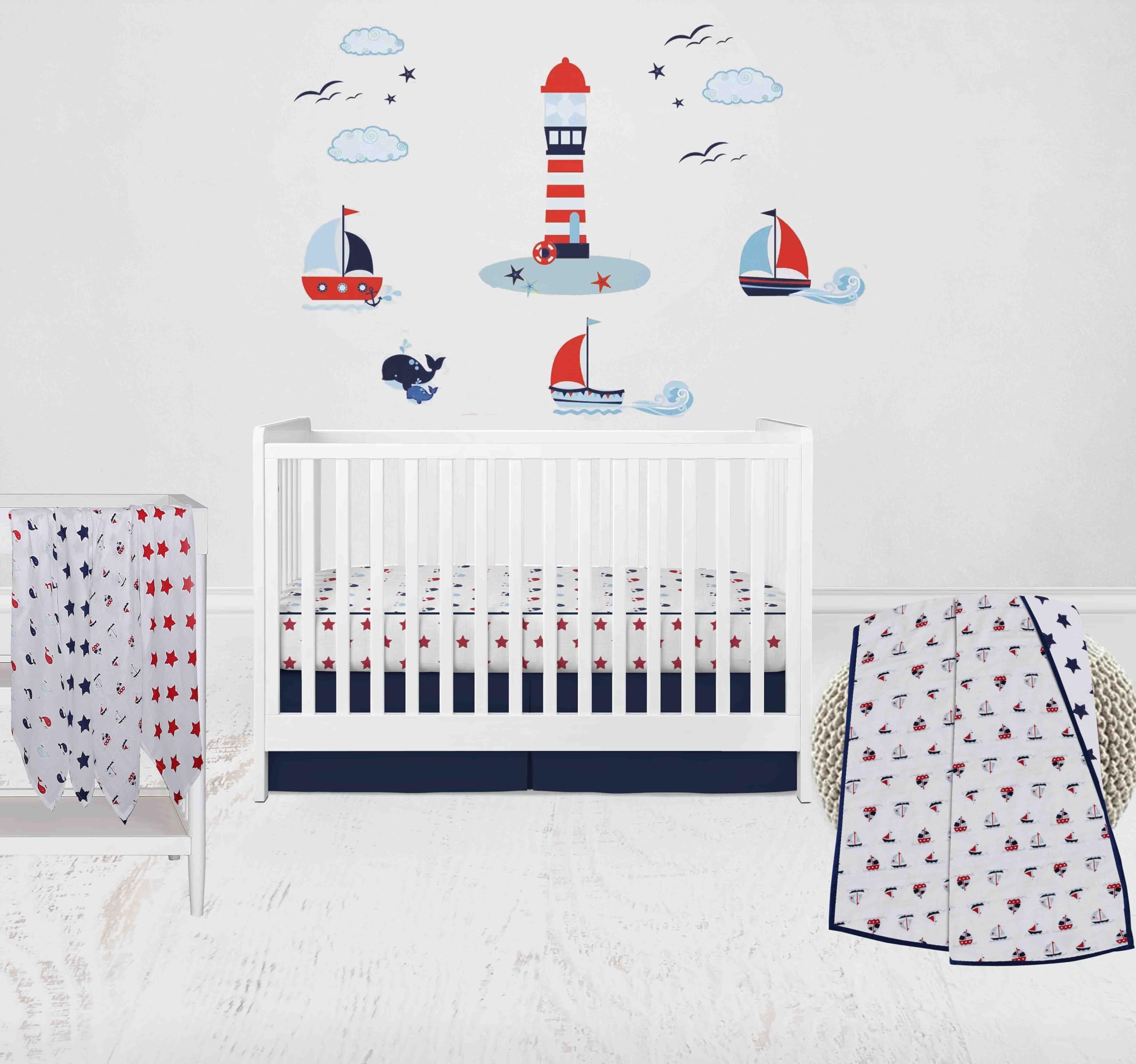 Bacati - Boys Nautical Muslin Whales Boat Red Blue Navy 10 Piece Crib Bedding Set with 4 Swaddling Blankets