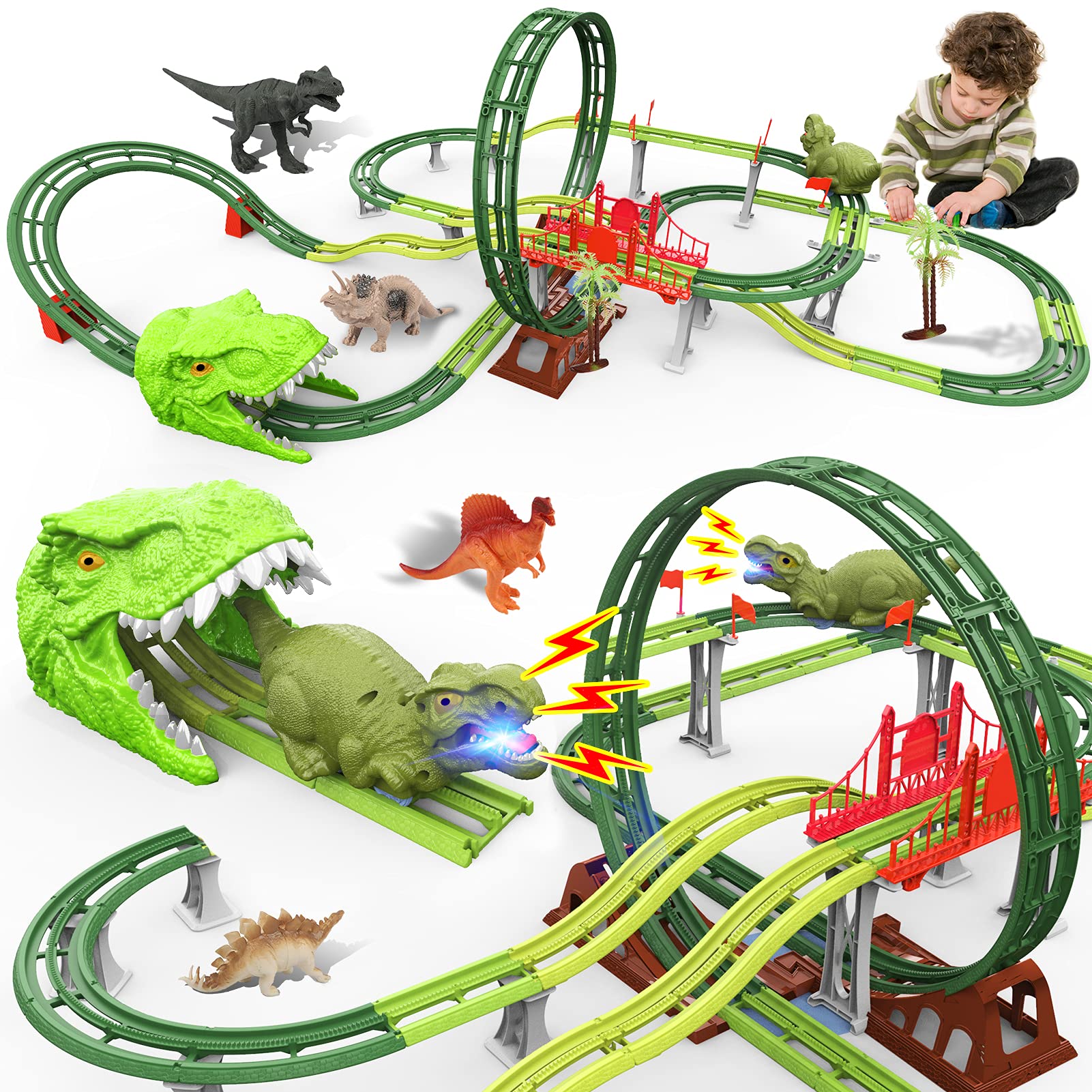 Dinosaur Race Car Track Toys, burgkidz Dinosaur Train Track Set with LED Light Roaring Dinosaur, Create A Dino World Road and Flexible Race Tracks, Gift for Boys Girls Kids 4 5 6 7 8 Years Old