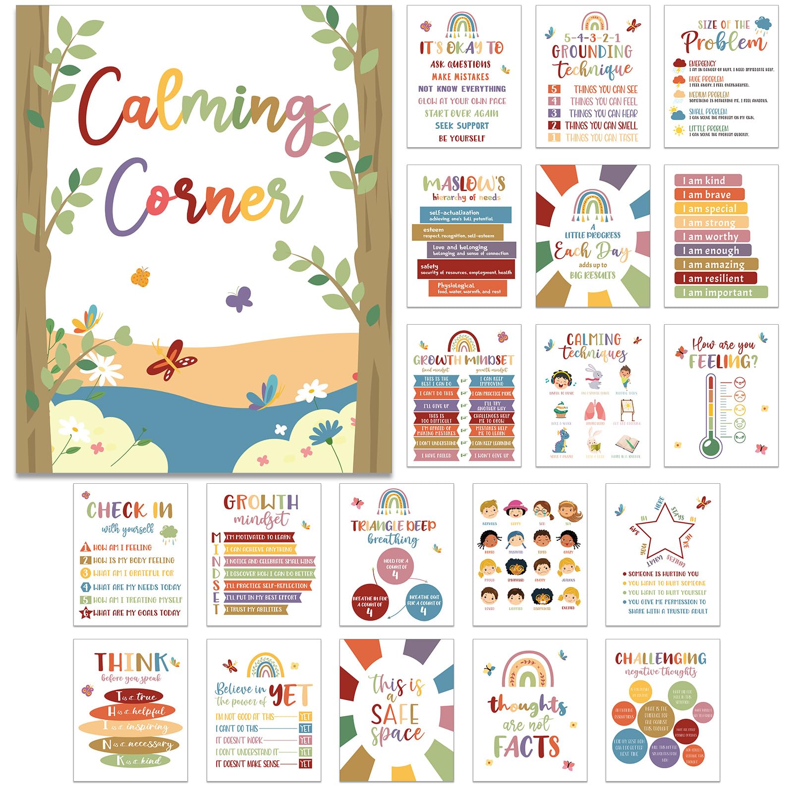 Harloon 20 Pcs Calming Corner Classroom Posters Mental Health Posters Therapy Office Feelings Chart Home Preschool Elementary Classroom Educational
