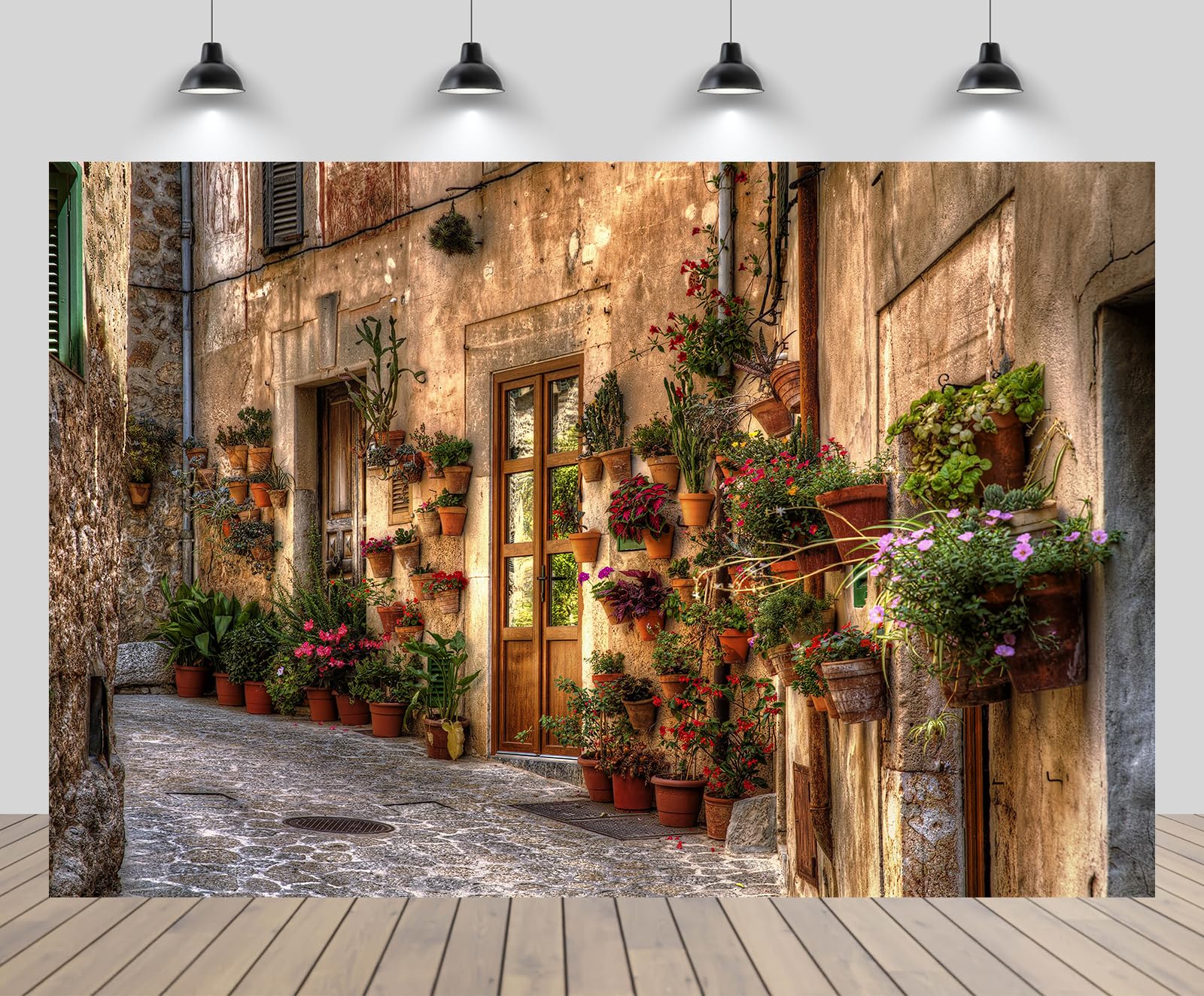 chnywork 7x5ft Italian Pastoral Town Street Backdrop Vintage Europe Brick House Window Potted Plant Flowers Background European Travel Birthday Party