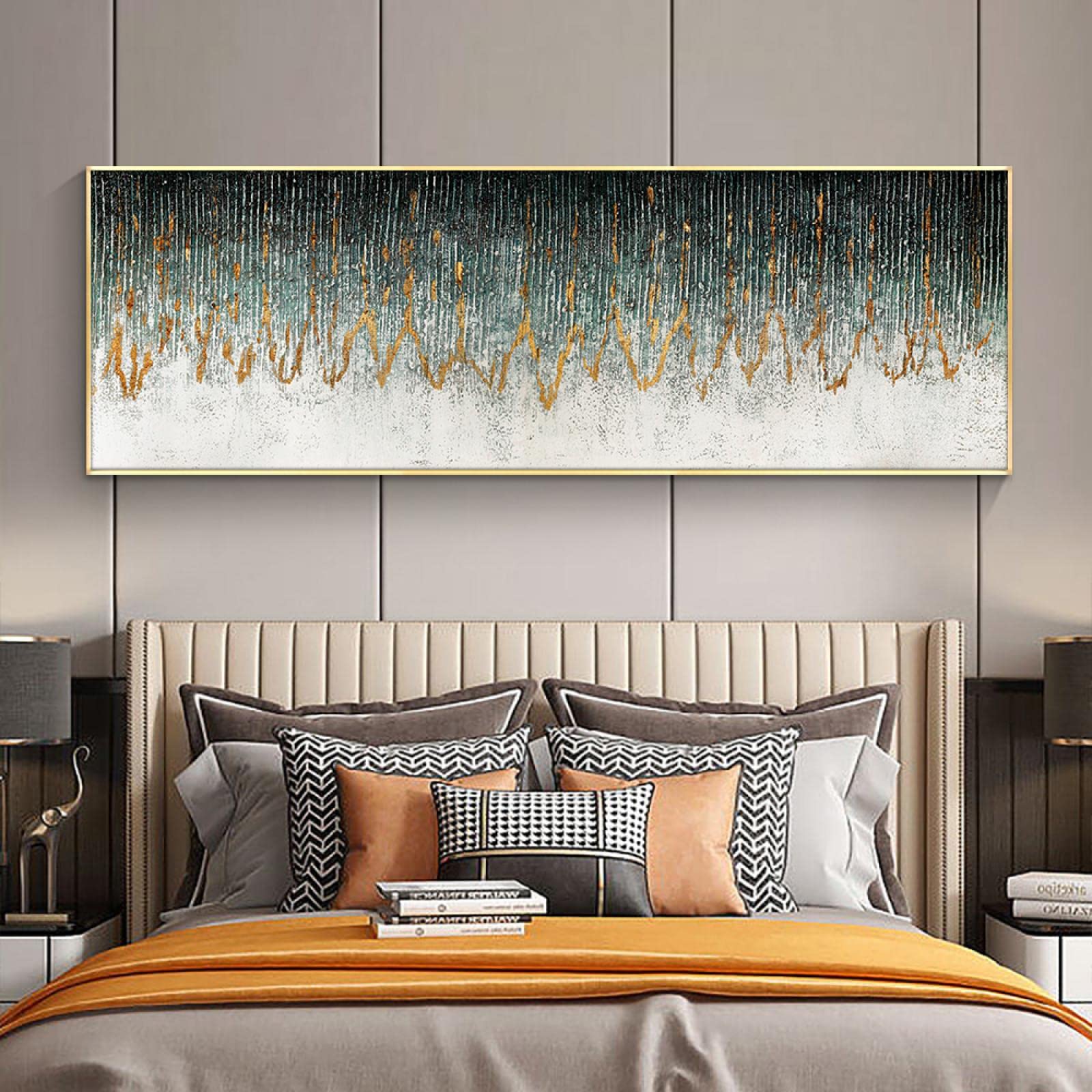 Amazon.co.jp: 抽象画 ダークグリーン 金箔絵画 キャンバスに油彩画 