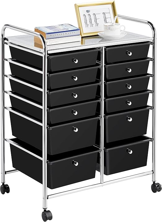 Yaheetech 12 Drawers Rolling Storage Cart Multipurpose Movable Organizer Cart Storage Bin Trolley Tools Scrapbook Paper Organizer on Wheels, Black