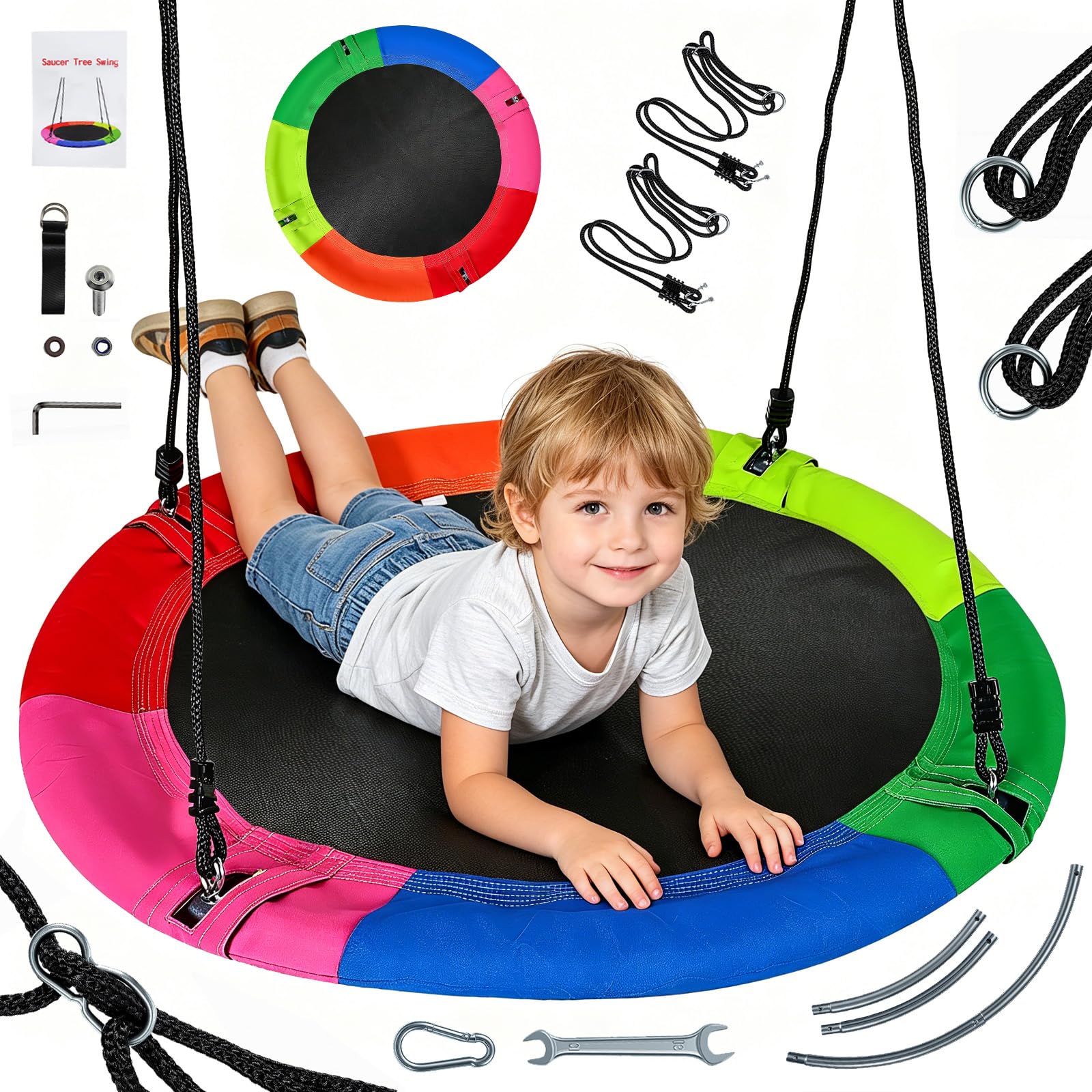 Columpio Nido Exterior 100cm, Columpio Infantiles Redondo de Plato 400kg, Tejido Oxford 900D Impermeable, con 2 Correas Regulables y 8 Tubos de Acero, Suspensión para Niños, Interior (6 Colores)