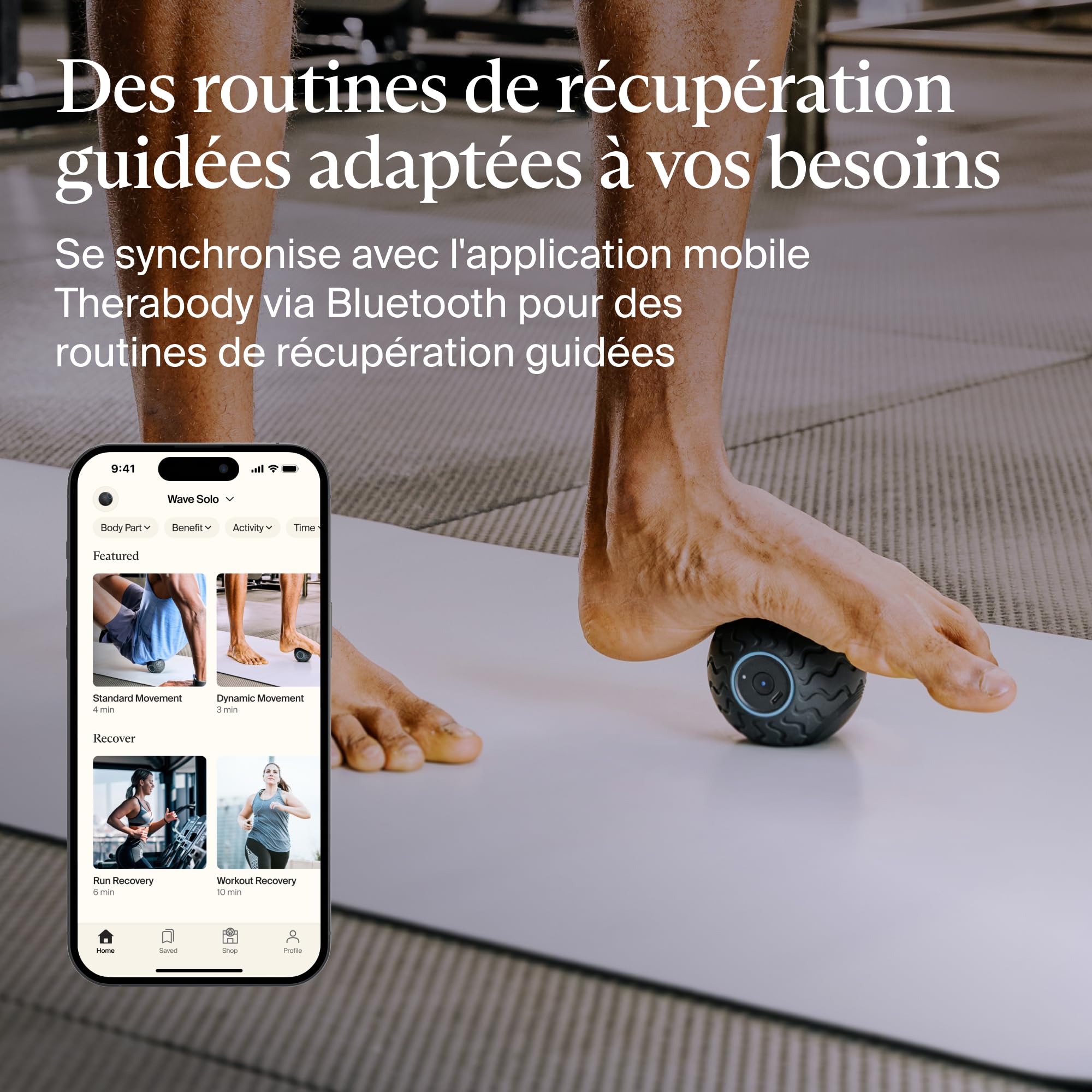 Wave Solo Série Wave - Appareil de massage portable pour les athlètes - Balle de thérapie par vibration - Technologie QuietRoll™ - 3 fréquences de vibration personnalisables dans l'appli Therabody