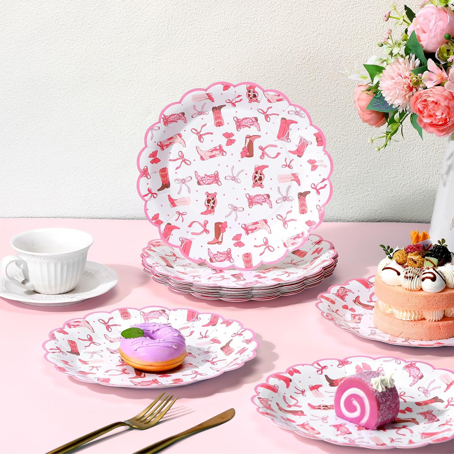 Havawish 100 Pcs Pink Cowgirl Party Plates Decorations Pink Bow Birthday Paper Plates Disposable Bachelorette Party Dinner Tableware Set for Western Themed Birthday Baby Shower Wedding Decorations - Image 4