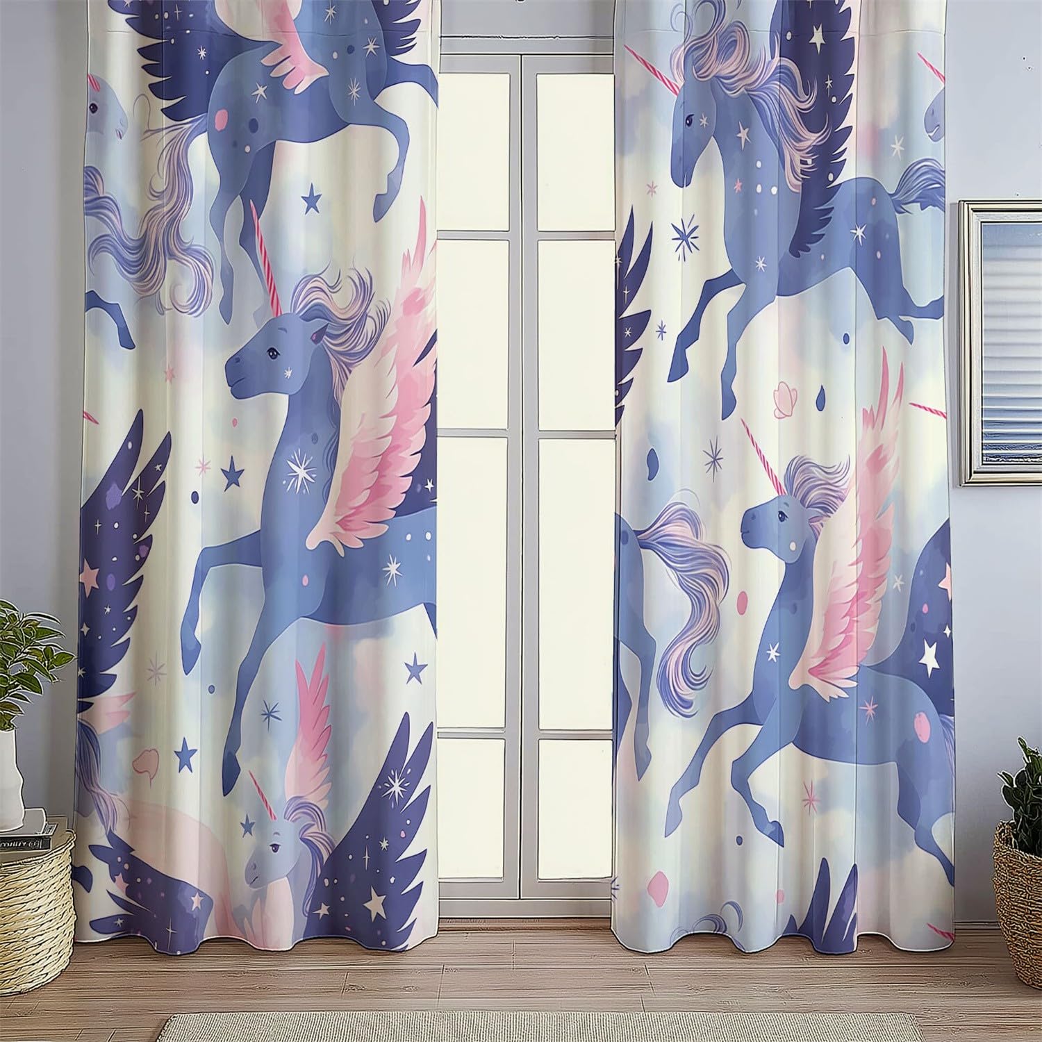 Rideau Occultant Thermiques Ailes Longues Licorne Décoration Salon Rideaux Violet Occultants De Fenêtre pour Cuisine Chambre Enfant Bureau,Fenêtre Décor 140L X 260H cm (2 Panneaux)