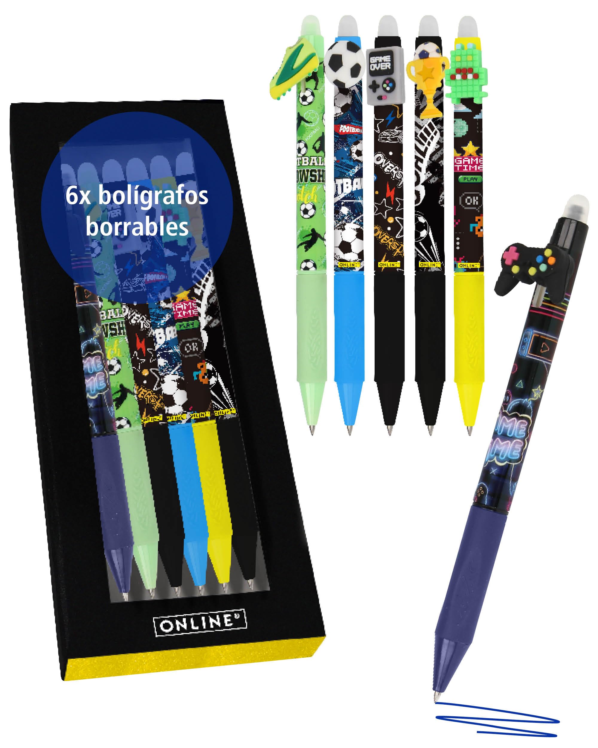 Online MagiXX - 6 bolígrafos de goma de borrar Fun Boys, tinta de gel azul borrable 0,7 mm, bolígrafo para aprender a escribir, oficina, compatible con Frixion Mine
