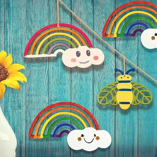 Miniatura 6 de 30 piezas de madera de arco iris, manualidades, recortes de madera sin terminar, discos de madera para proyectos de bricolaje para niños, decoración