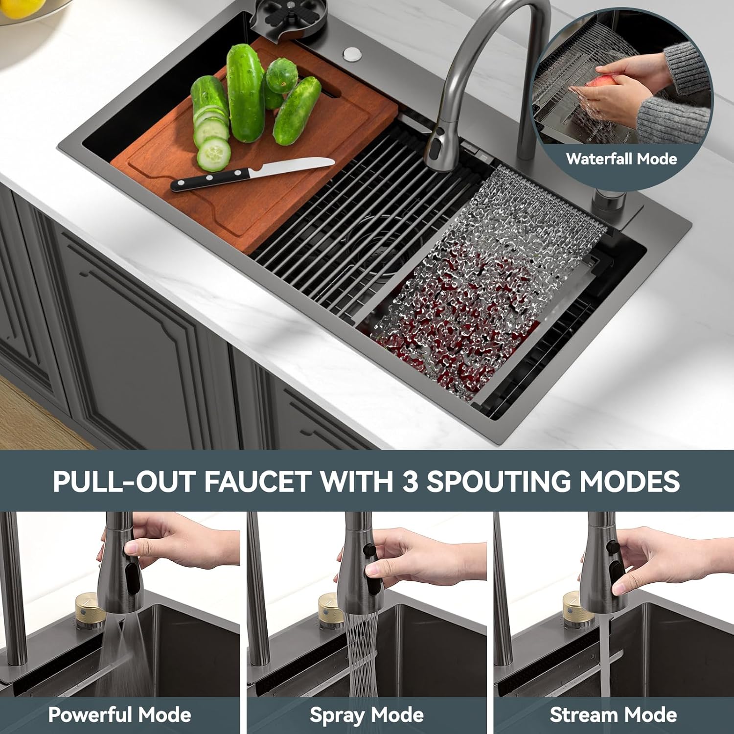 Close-up of the pull-out faucet demonstrating its three spouting modes: Powerful, Spray, and Stream.