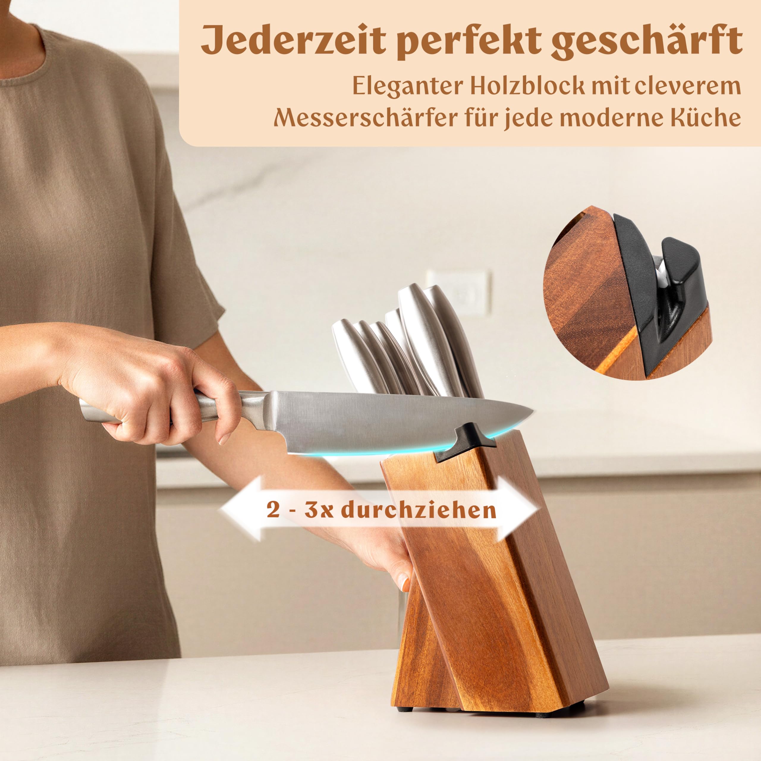 EDELHAUS Messerblock mit Messer - 9-Teiliges Profi Messerset mit Block & Integriertem Messerschärfer, Küchenmesser Set aus X50CRMOV15 Edelstahl, Edelstahlgriffe Messer Set mit Schere, Akazienholzblock