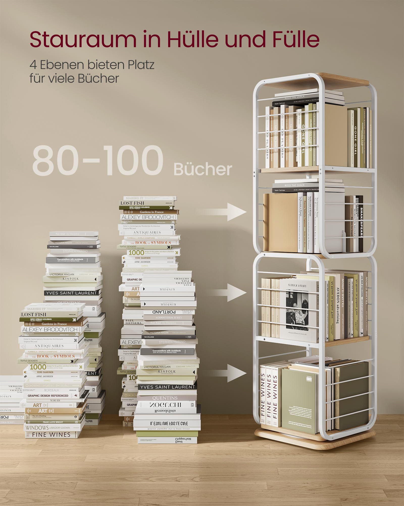 VASAGLE Bücherregal 4 Ebenen, drehbares Regal mit Buchstützen, Standregal für kleine Räume, Aufbewahrungsregal, Eckregal, Stahlrahmen, naturbeige-wolkenweiß LLS127W67