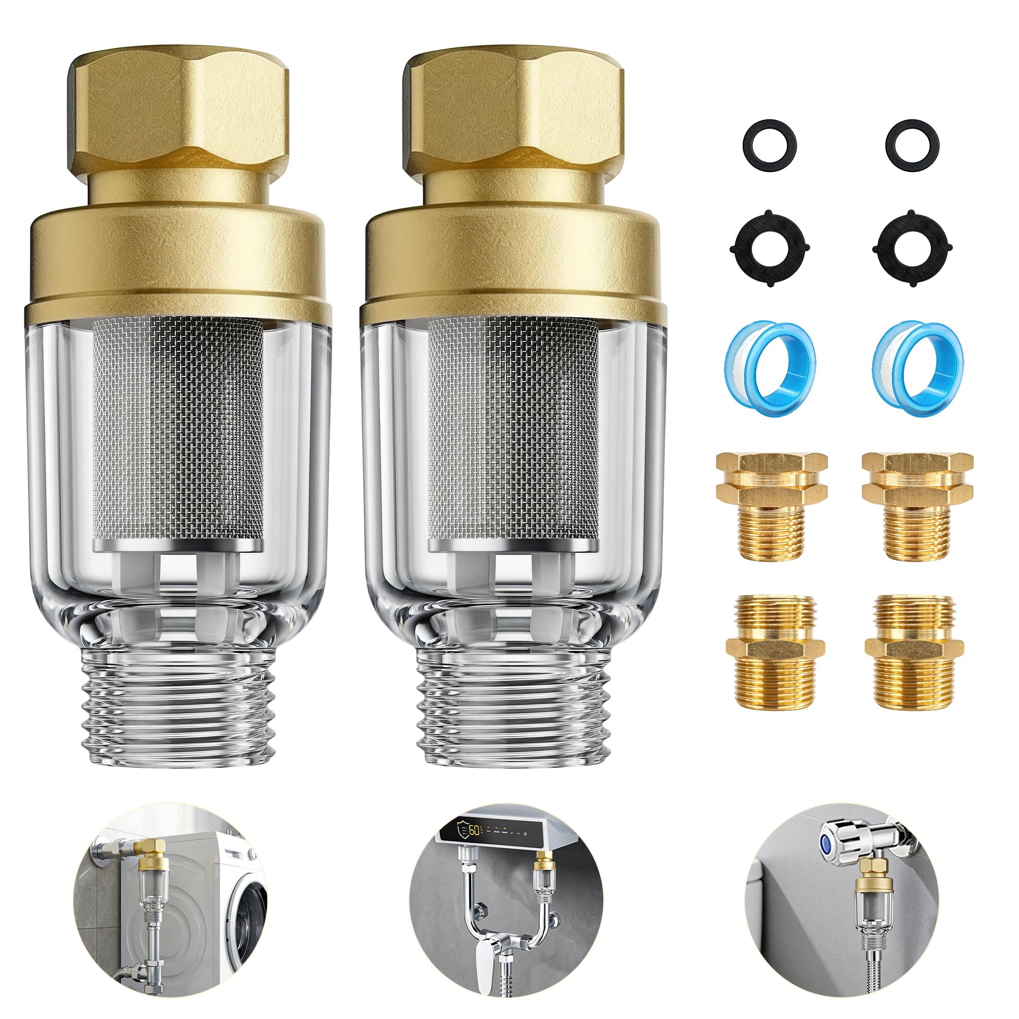 Photo 1 of 2-Pack Brass Sediment Filter, Reusable Washing Machine Water Filter, 50 Micron, Anti Scale, Anti Clothes Yellow, Water Heater, Garden, RV, Traps Rust/Mud/Sand, Mini