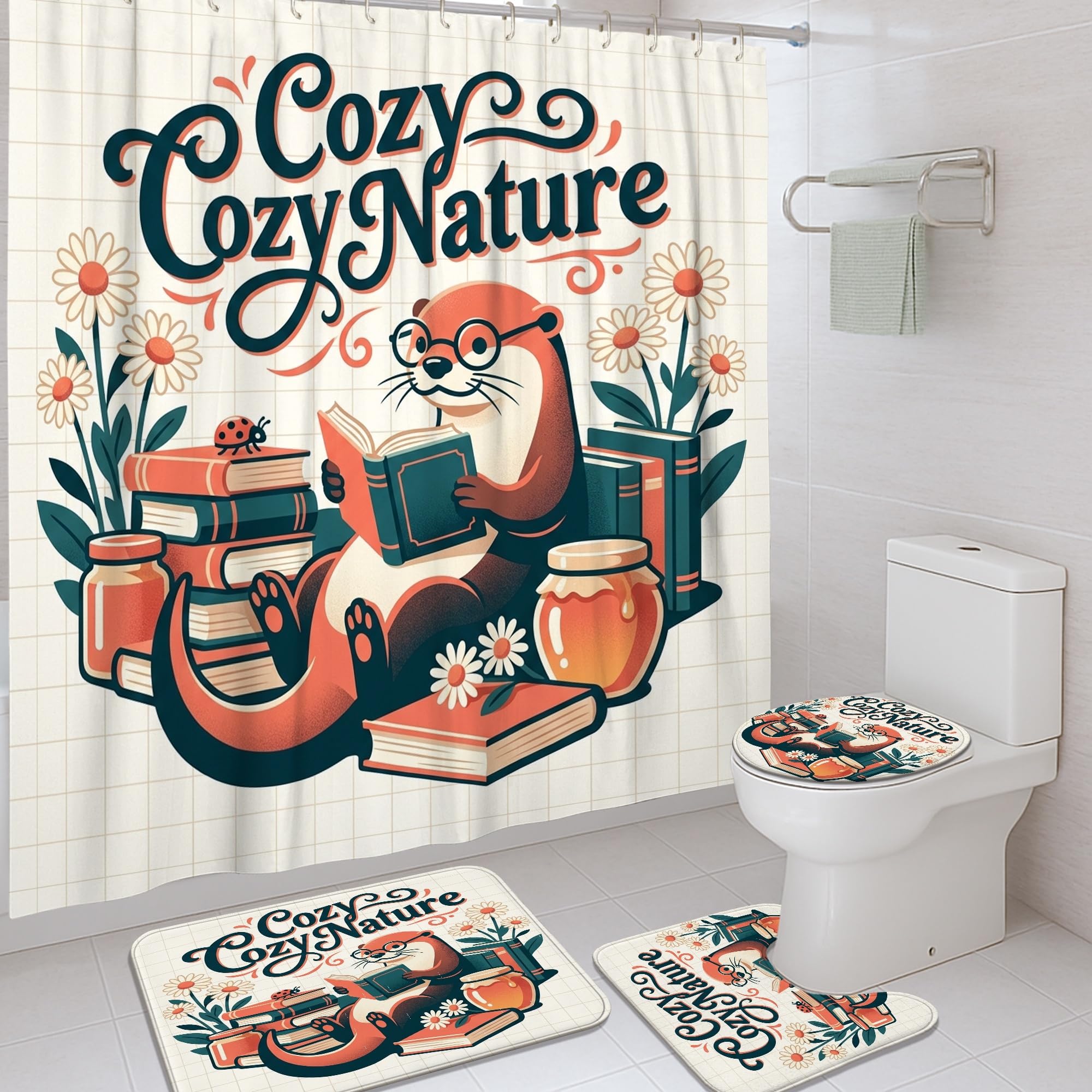 Rideau de douche loutre anti-éclaboussures et tapis de bain lavable pour sol sec