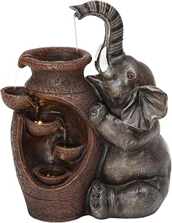 19" Elephant Jars Outdoor Fountain, 5-Tier Rustic Playful Resin Statue Water Feature with Lights, Soothing Cascading Waterfall for Charming Tranquil Garden, Patio, Yard, Porch, or Home Décor
