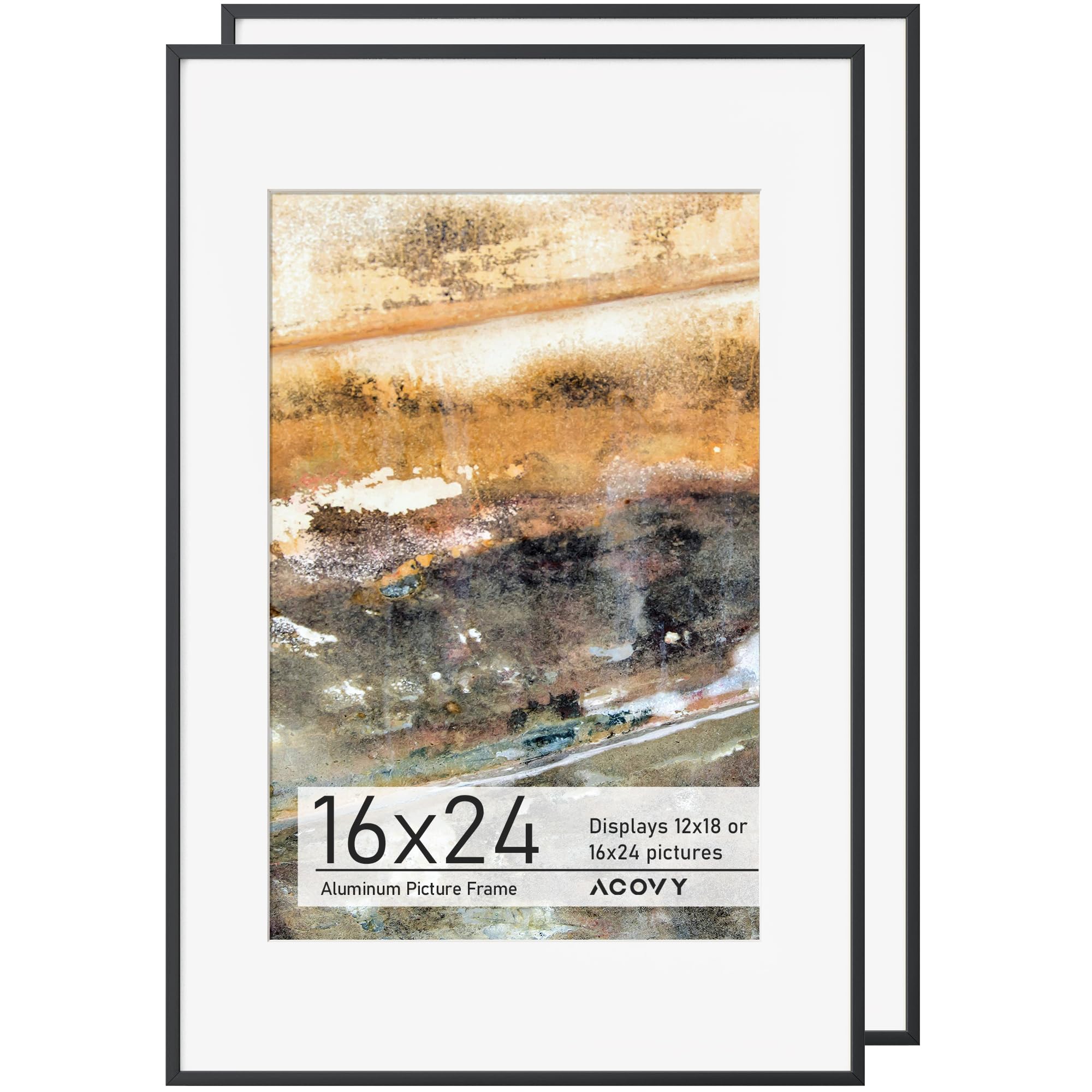 Acovy Portarretratos de aluminio de 16 x 24 pulgadas, paspartú a 12 x 18 pulgadas, marco de póster con vidrio templado HD, marco metálico para pared, gancho de pared incluido (negro, paquete de 2)