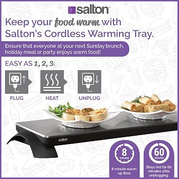 Cordless Warming Tray by Salton | Medium Electric Hot Plate | Cooking, Serving & Warming Tray | 23-3/4 x 7-3/4 Hot Plate