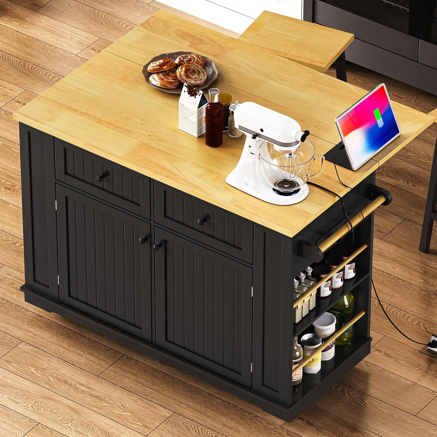 45'' Kitchen Islands on Wheels, Kitchen Rolling Island Cart with Drop Leaf, Power Outlet, Internal Storage Rack, Dining Table with 5 Open Side Racks for Kitchen (Black, 45''(With 0 Bar Stools))