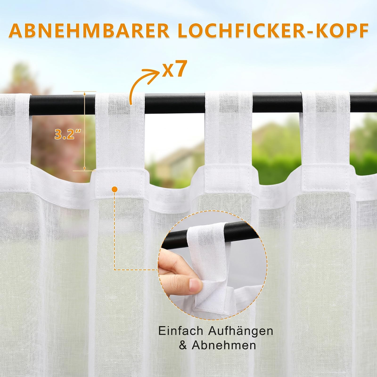 Newthinking Outdoor Vorhänge Transparent, 2 Stück Halbtransparente Vorhänge mit Selbstklebenden Schlaufen, Leinen Optik für Terrasse Pavillon Pergola, 245 x 132 cm, Weiß
