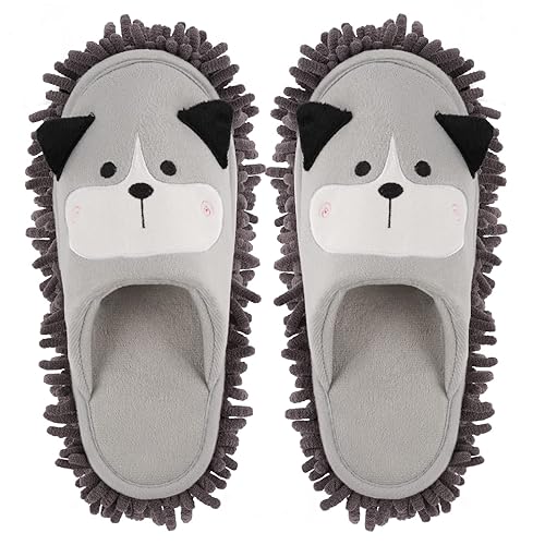 Frjjthchy Cartoon Dog Mop Slippers Microfiber Clean Dusting Slippers Detachable Mopping Shoes for Office Home Room (Gray)