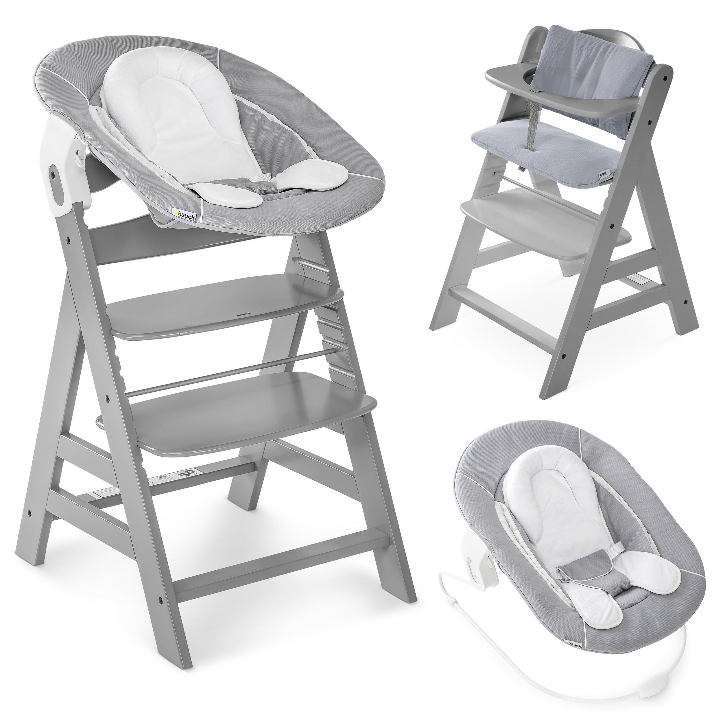 hauck Hochstuhl Alpha+ Newborn Set mit 2in1 Bouncer - Mitwachsender Holz Babyhochstuhl ab Geburt, inkl. Sitzauflage & Neugeborenenaufsatz - Grau